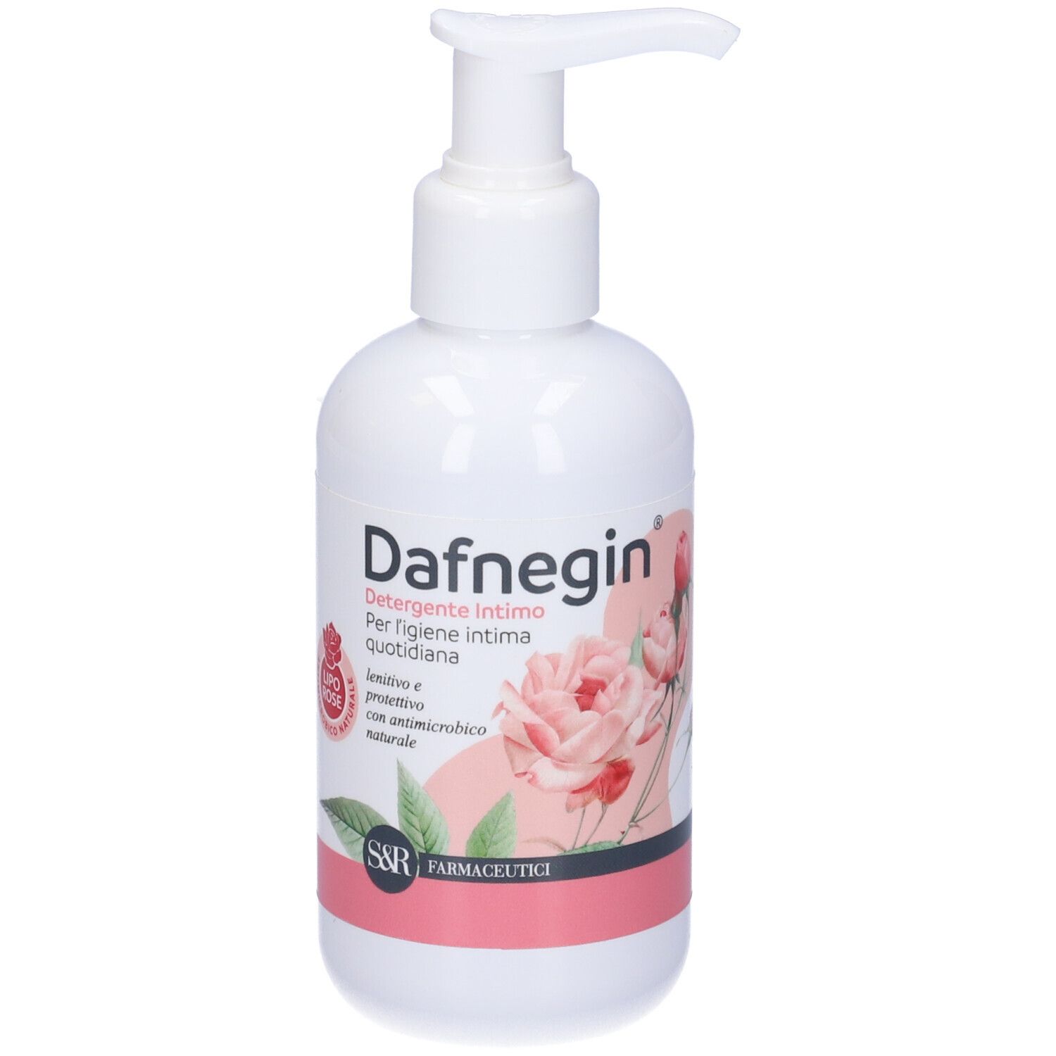 Flacone bianco con dosatore. Scritta Dafnegin, design floreale e logo. S&R Farmaceutici.