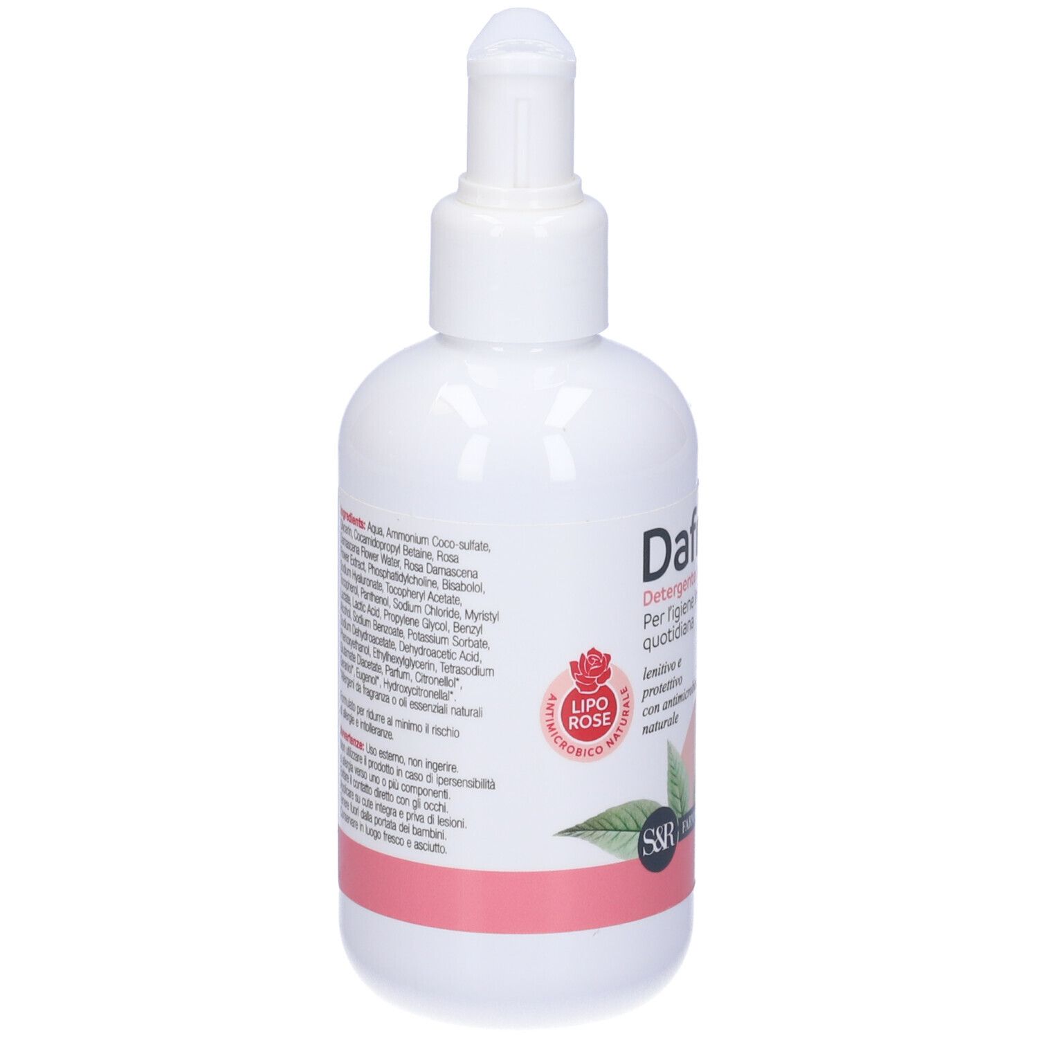 Flacone bianco con dosatore. Retro con ingredienti e logo. Striscia rosa in basso. S&R Farmaceutici.