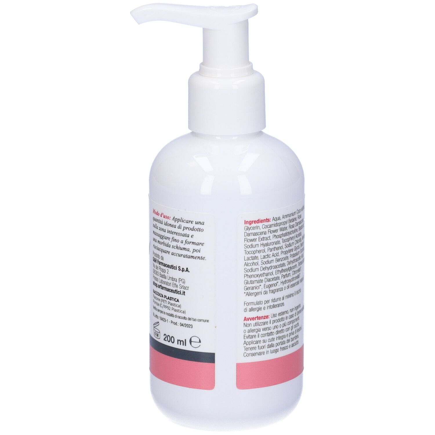 Flacone bianco con dosatore. Retro con istruzioni e ingredienti. Striscia rosa in basso. 200 ml.