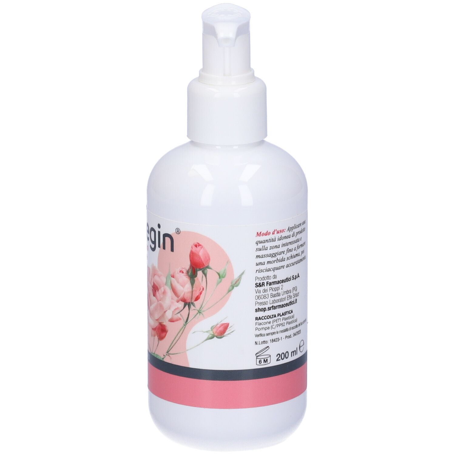 Flacone bianco con dosatore. Retro con istruzioni e logo. Striscia rosa in basso. 200 ml.