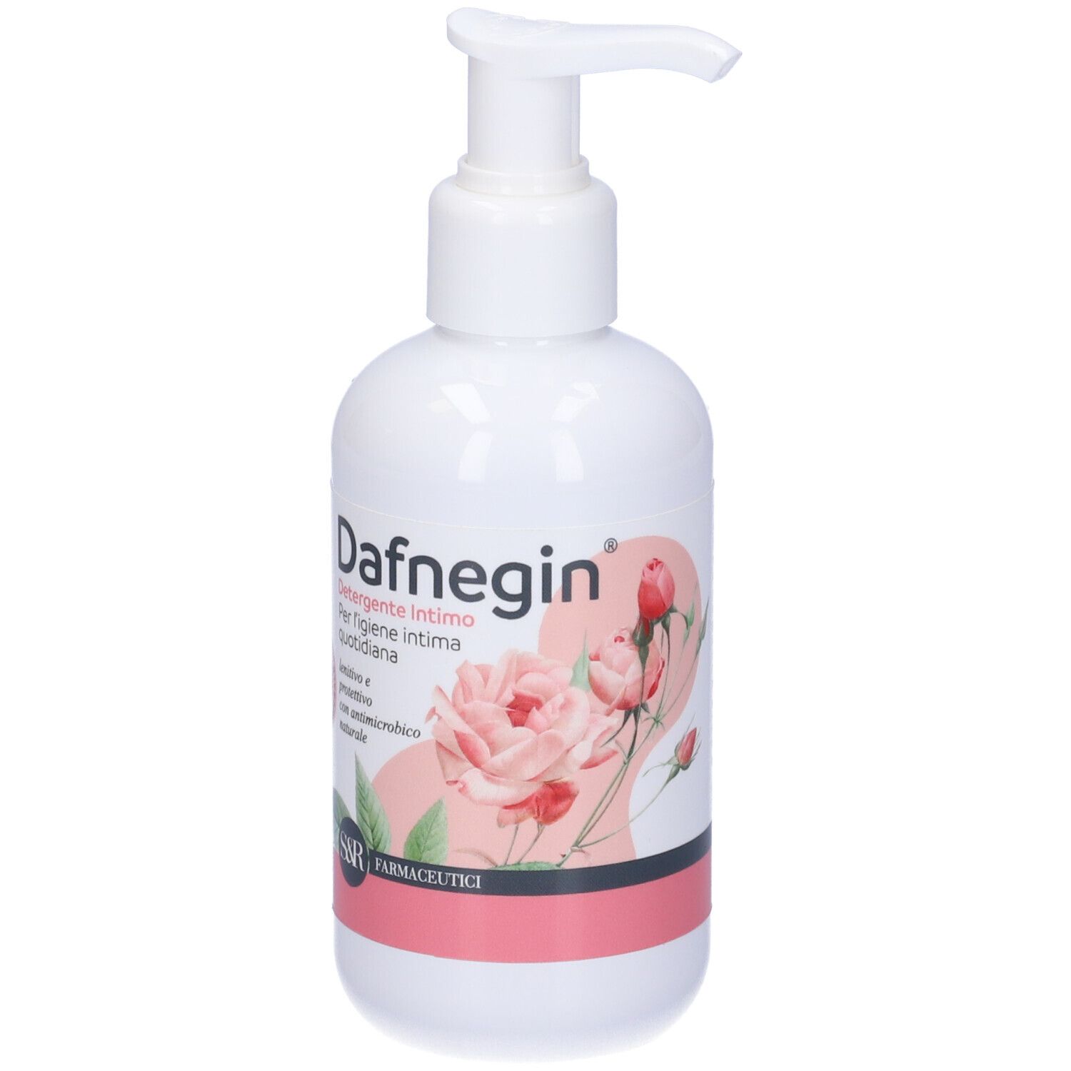 Flacone bianco con dosatore. Scritta Dafnegin, design floreale e logo. S&R Farmaceutici.