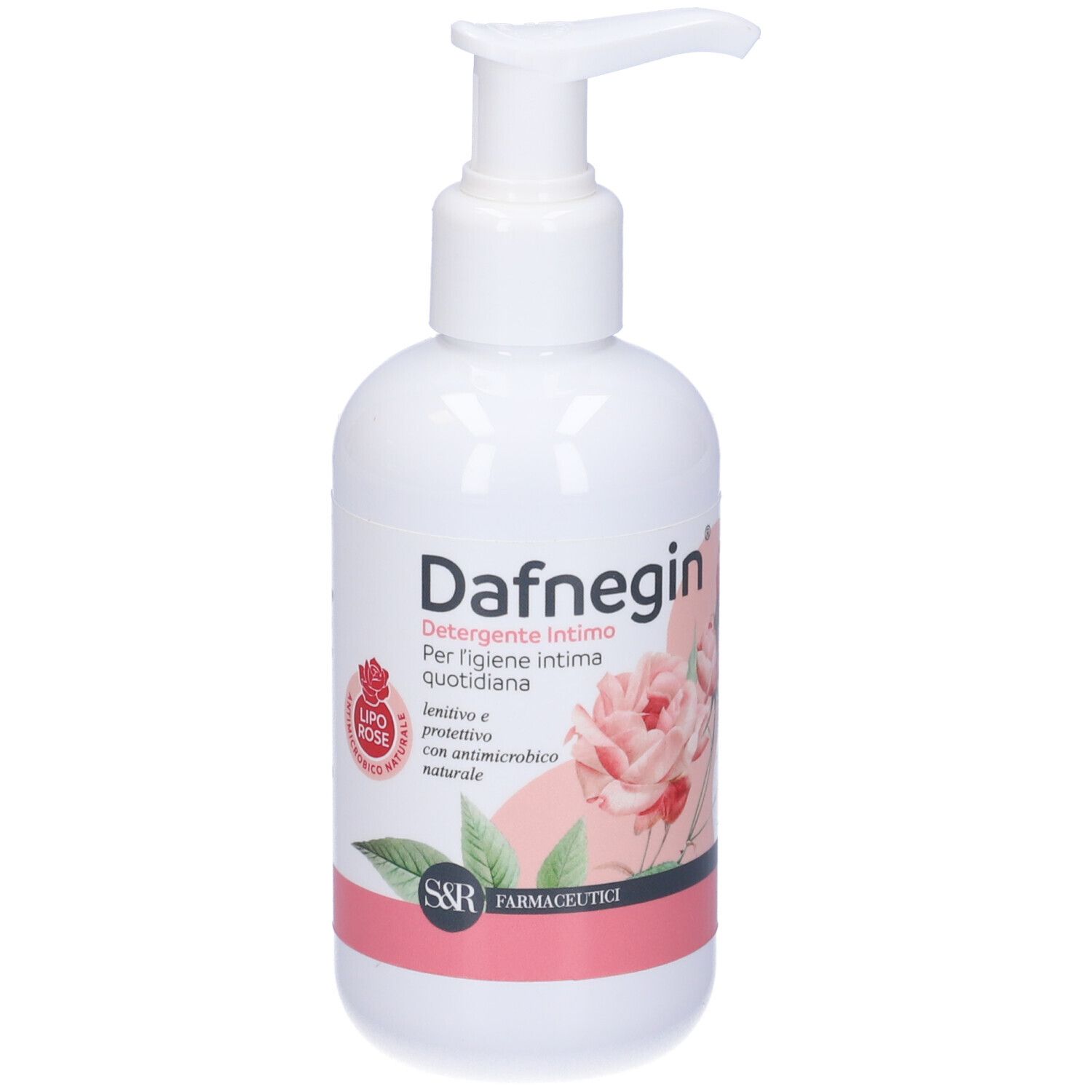 Flacone bianco con dosatore. Scritta Dafnegin, design floreale e logo. S&R Farmaceutici.