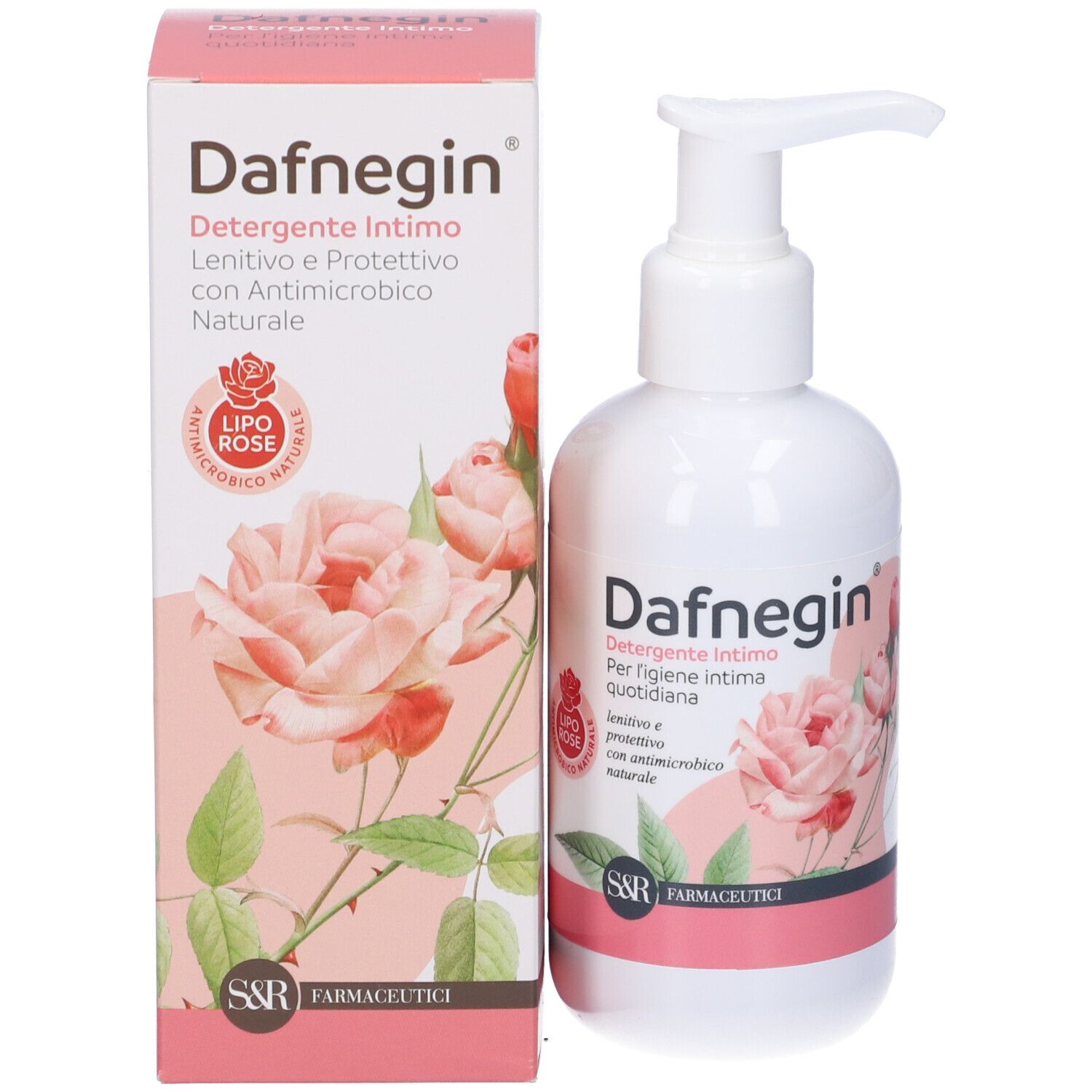 Prodotto con confezione. Flacone bianco con dosatore e scatola. Scritta Dafnegin, logo. S&R Farmaceutici.