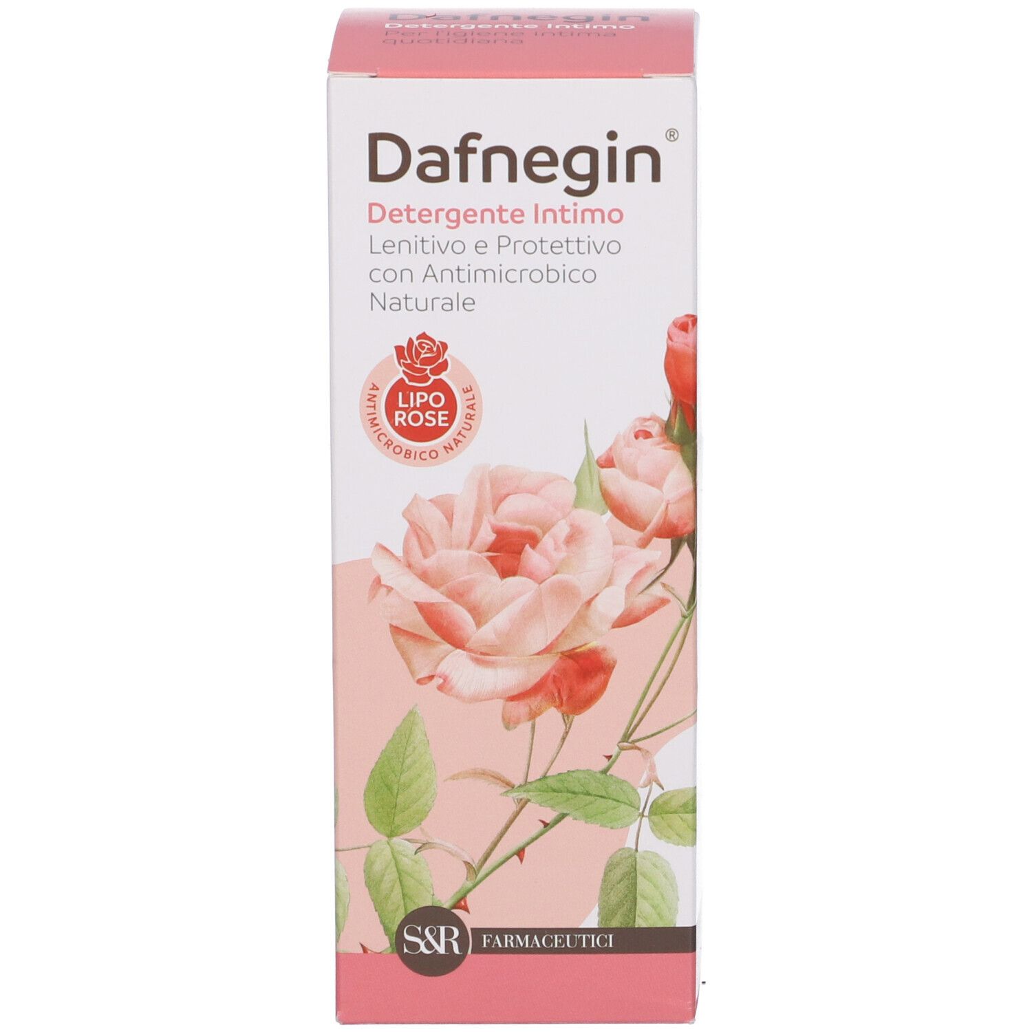 Confezione in cartone. Scritta Dafnegin, logo. Design floreale. S&R Farmaceutici.