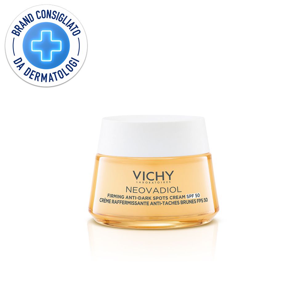 Vaso di crema con coperchio bianco. Scritta: Vichy Neovadiol. Logo: Brand Consigliato da Dermatologi.