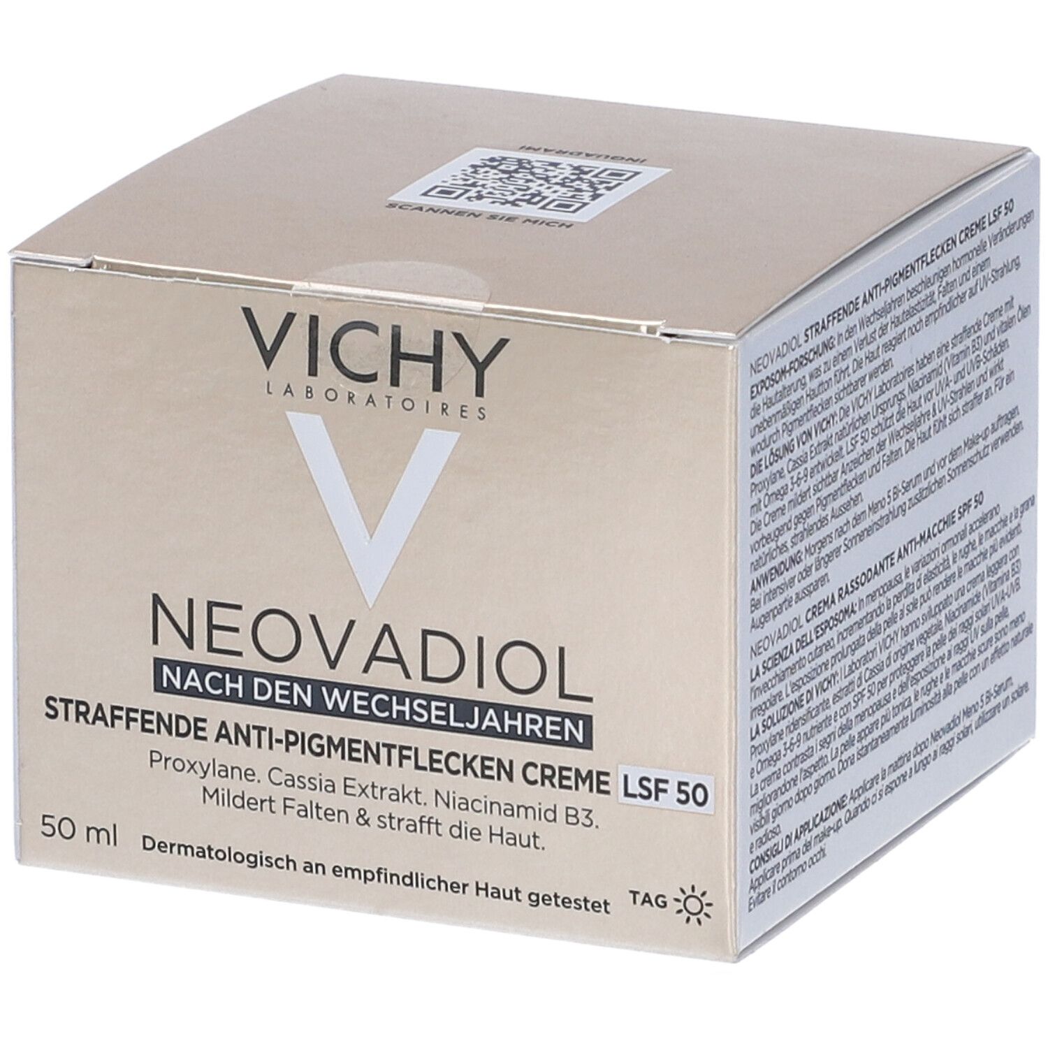 Confezione del prodotto. Testo: Vichy Neovadiol Dopo la menopausa. Crema anti-macchie SPF 50.