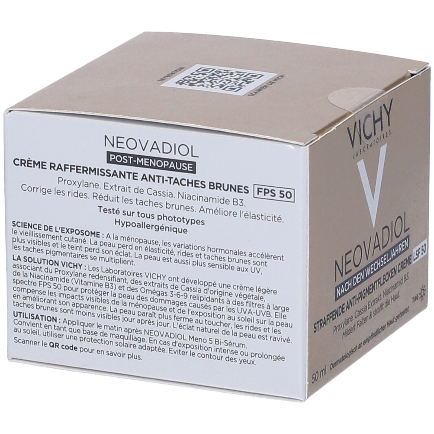 Confezione del prodotto. Testo: Vichy Neovadiol Post-Menopausa. Crema anti-macchie SPF 50.
