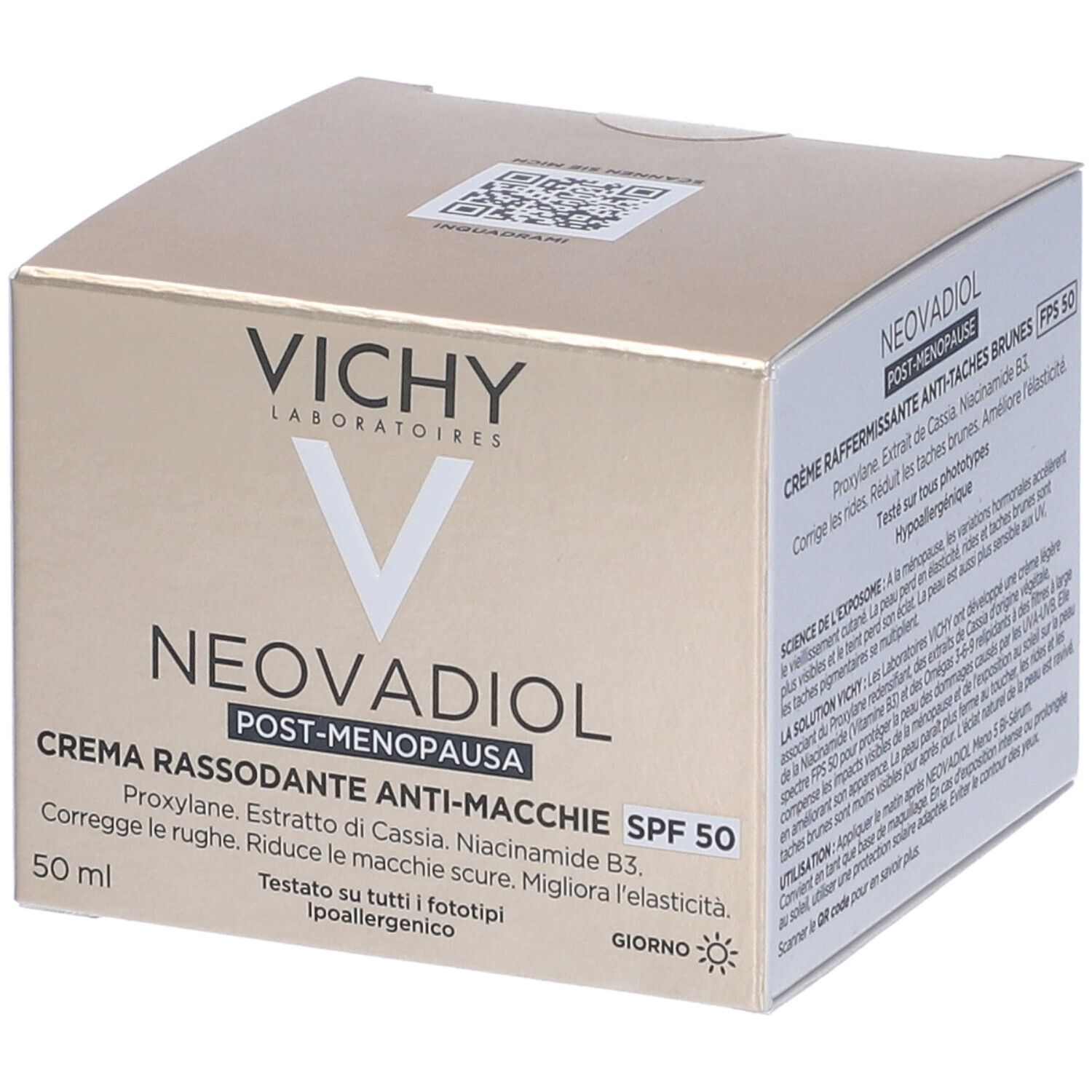Confezione del prodotto. Testo: Vichy Neovadiol Post-Menopausa. Crema anti-macchie SPF 50.