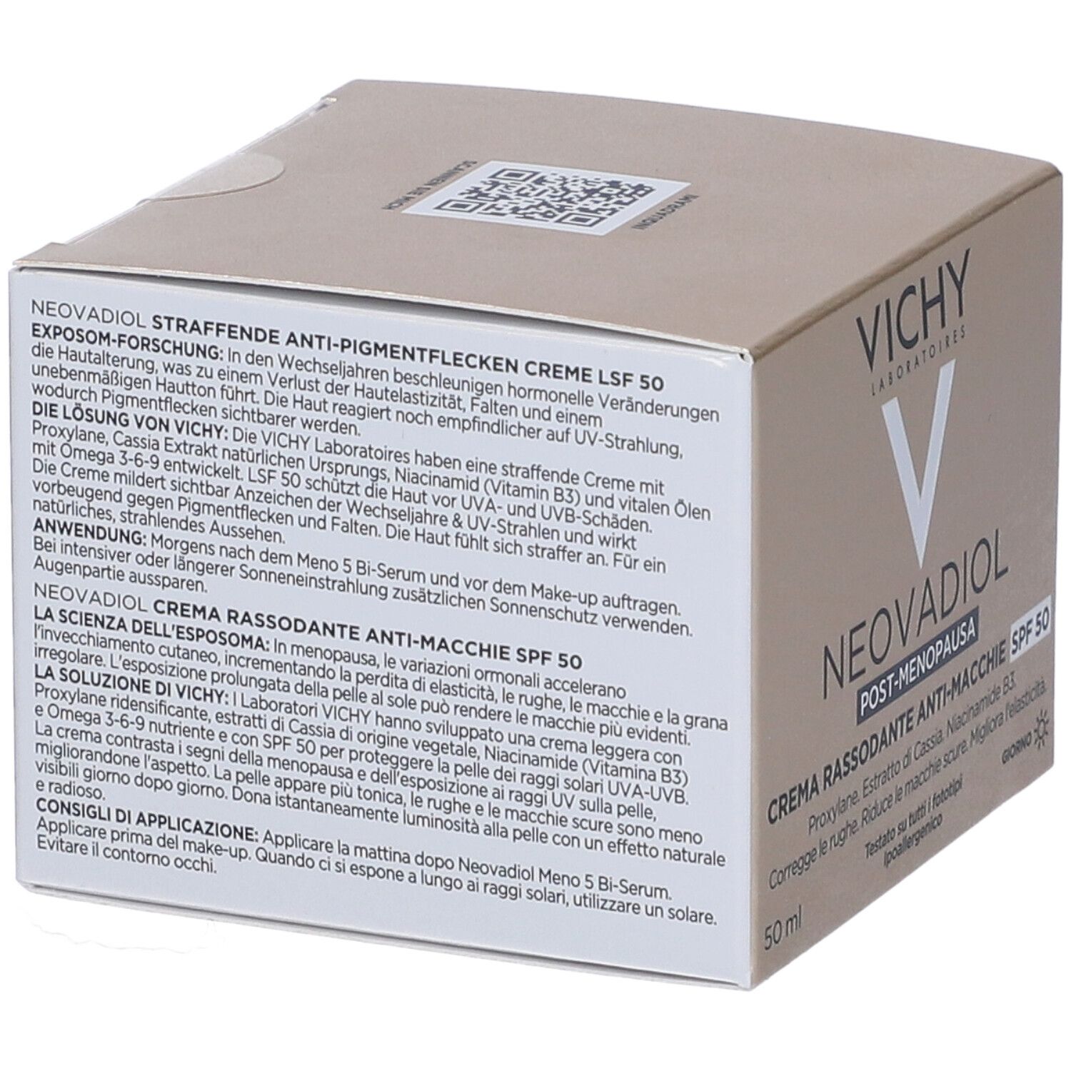 Confezione del prodotto. Testo: Vichy Neovadiol Dopo la menopausa. Crema anti-macchie SPF 50.