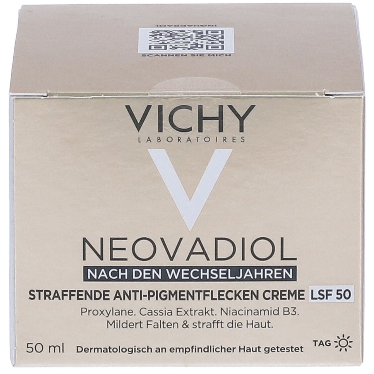 Confezione del prodotto. Testo: Vichy Neovadiol Dopo la menopausa. Crema anti-macchie SPF 50.
