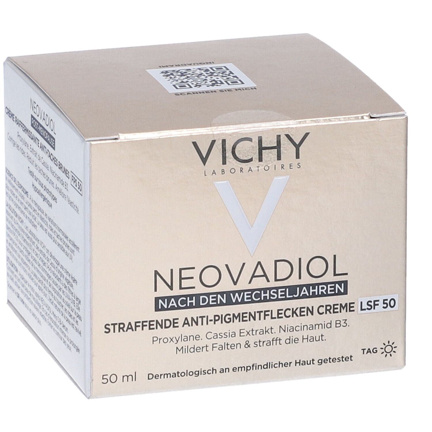 Confezione del prodotto. Testo: Vichy Neovadiol Dopo la menopausa. Crema anti-macchie SPF 50.