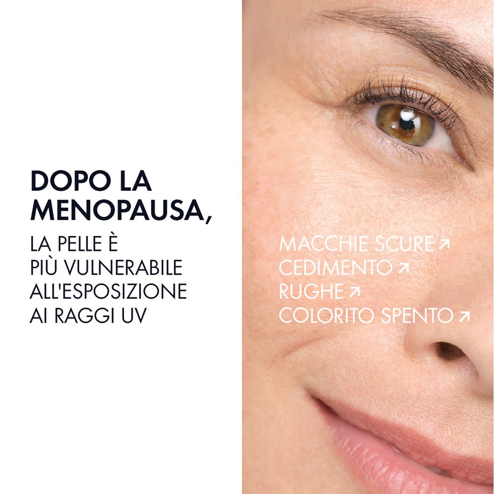 Primo piano di un viso. Testo: Dopo la menopausa, la pelle è più vulnerabile ai raggi UV.