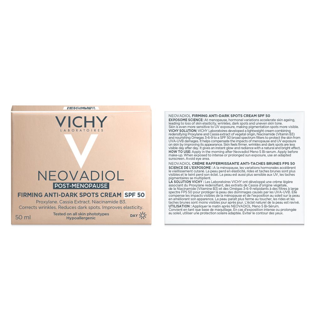 Confezione del prodotto. Testo: Vichy Neovadiol Post-Menopausa. Crema anti-macchie SPF 50.