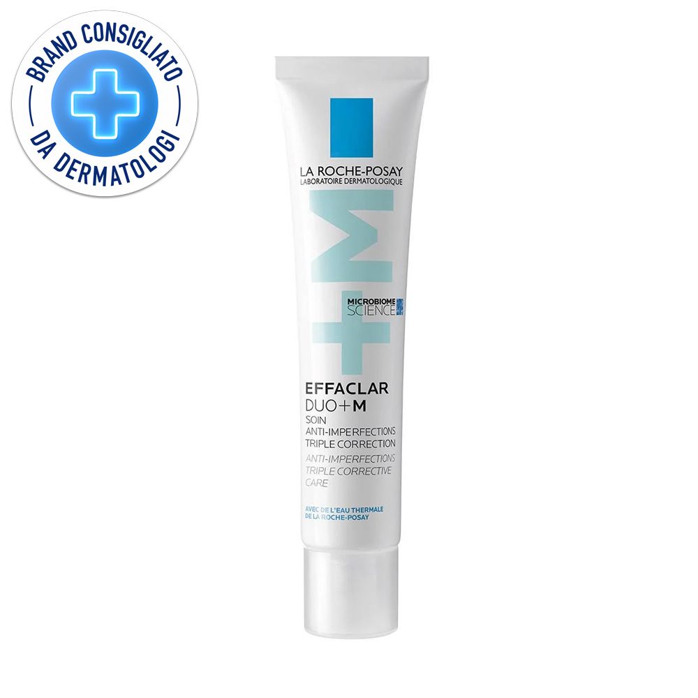 Tubo crema La Roche-Posay Effaclar Duo+M. Bianco, logo blu, testo. Sigillo: Brand Consigliato da Dermatologi.