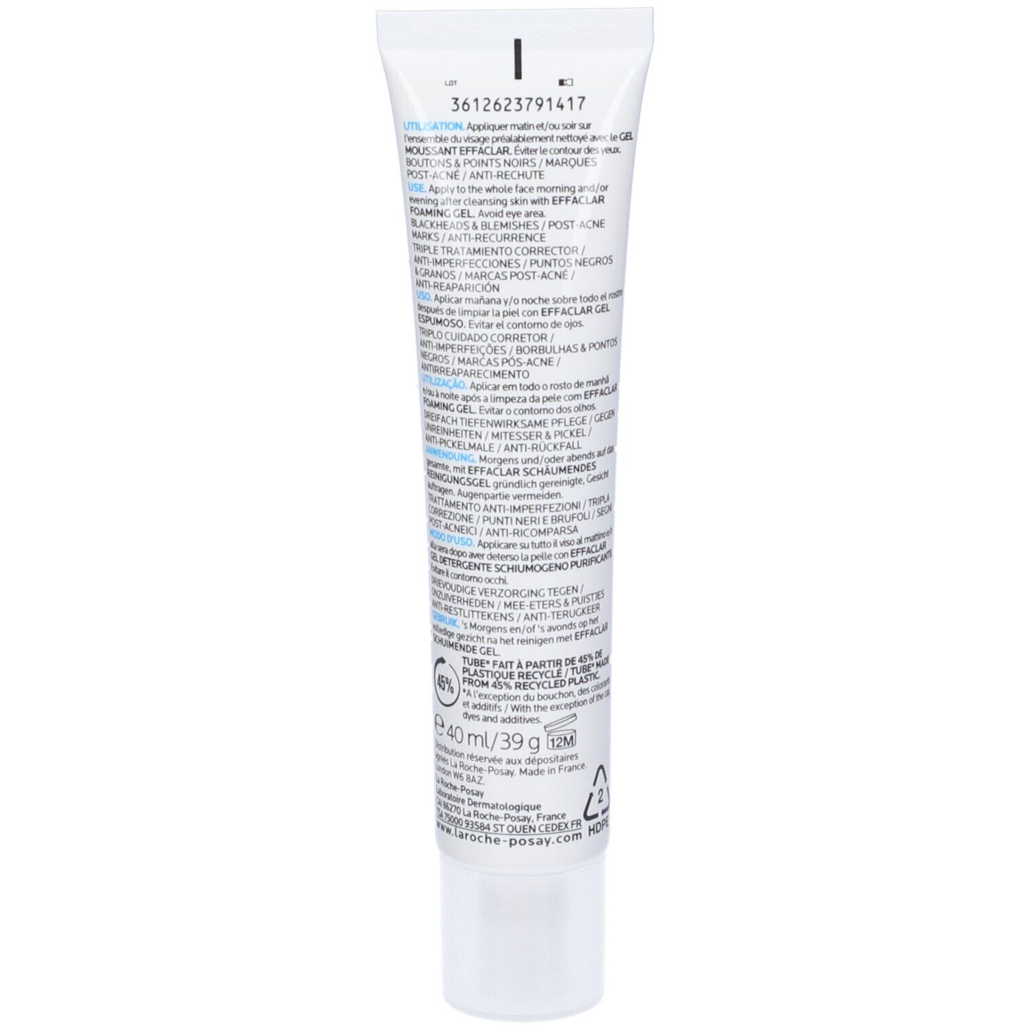 Retro del tubo La Roche-Posay Effaclar Duo+M. Testo, ingredienti, informazioni.