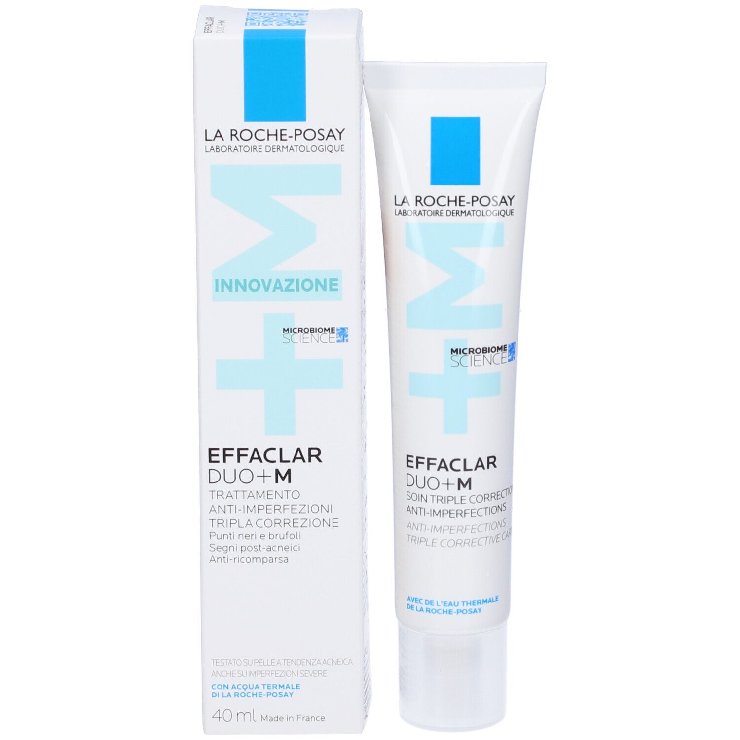 Prodotto La Roche-Posay Effaclar Duo+M con confezione. Bianco, logo blu, testo.