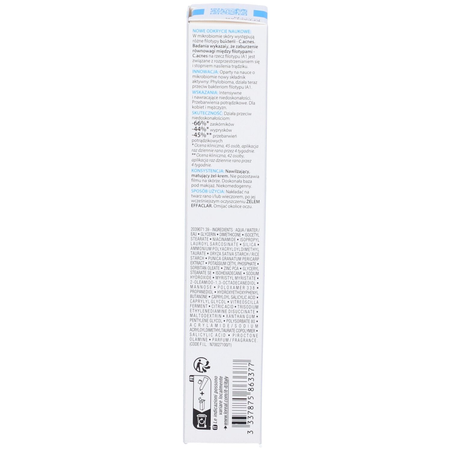 Retro della confezione La Roche-Posay Effaclar Duo+M. Testo, informazioni, ingredienti.