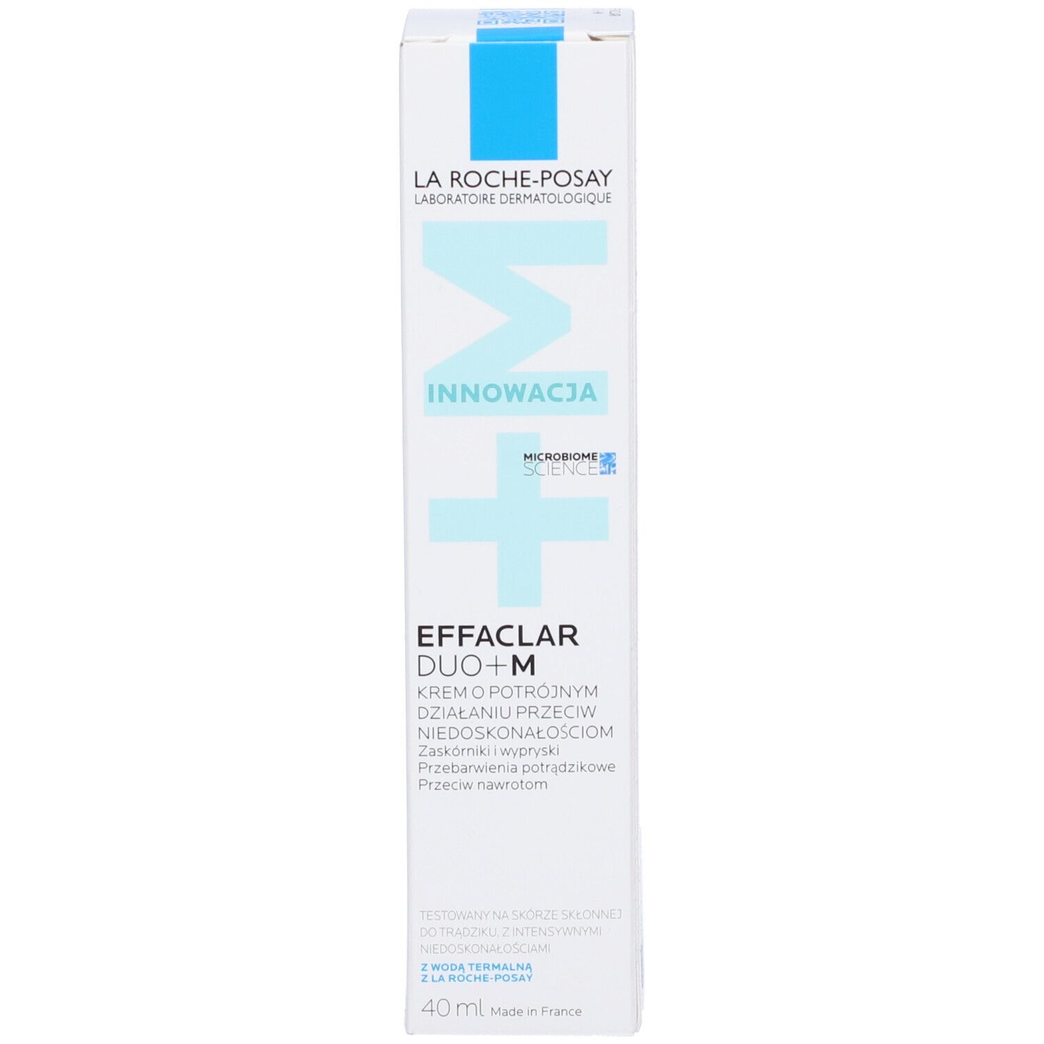 Confezione La Roche-Posay Effaclar Duo+M. Versione polacca. Bianco, logo blu, testo.