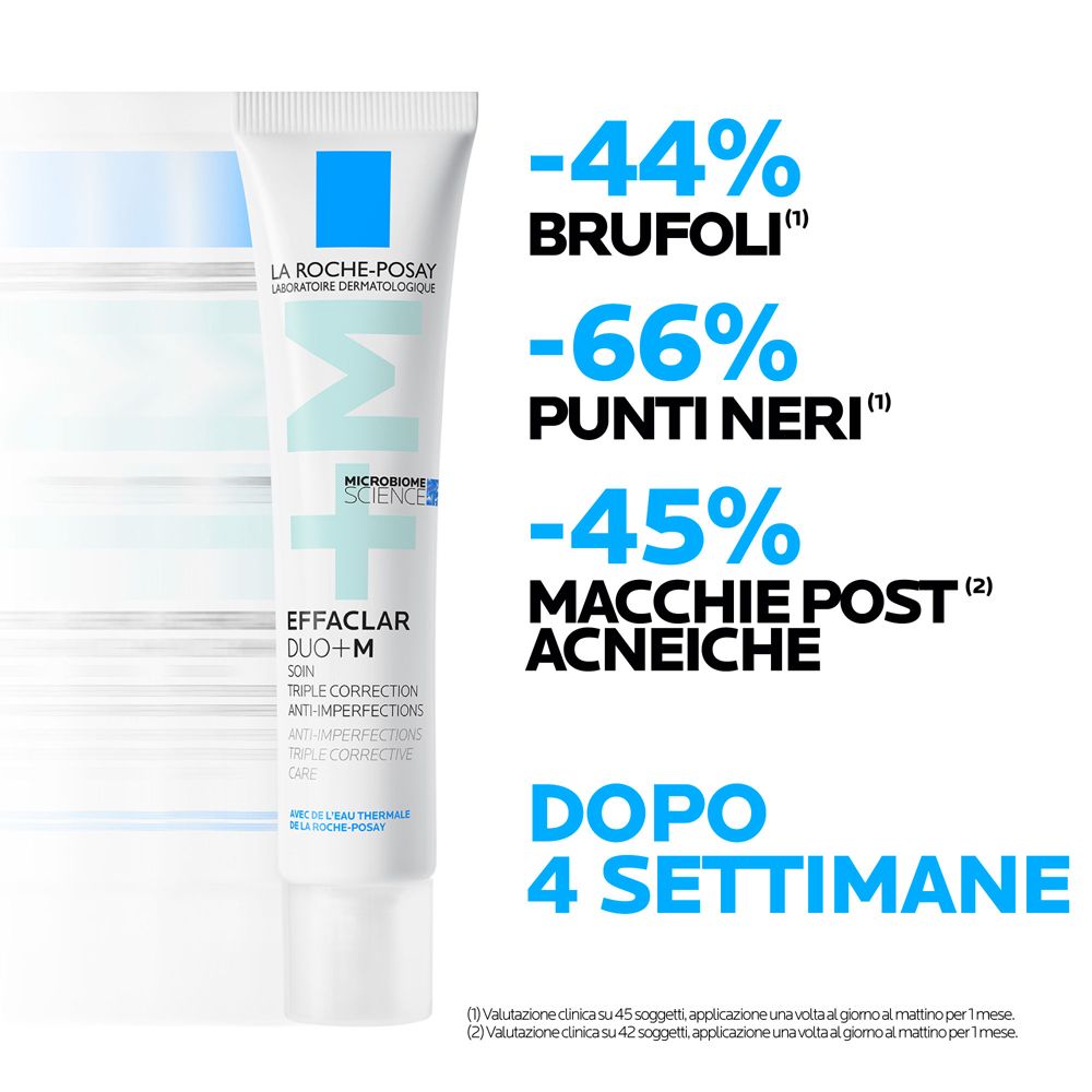 Tubo La Roche-Posay Effaclar Duo+M. Testo: Riduzione di brufoli, punti neri e macchie post-acneiche dopo 4 settimane.