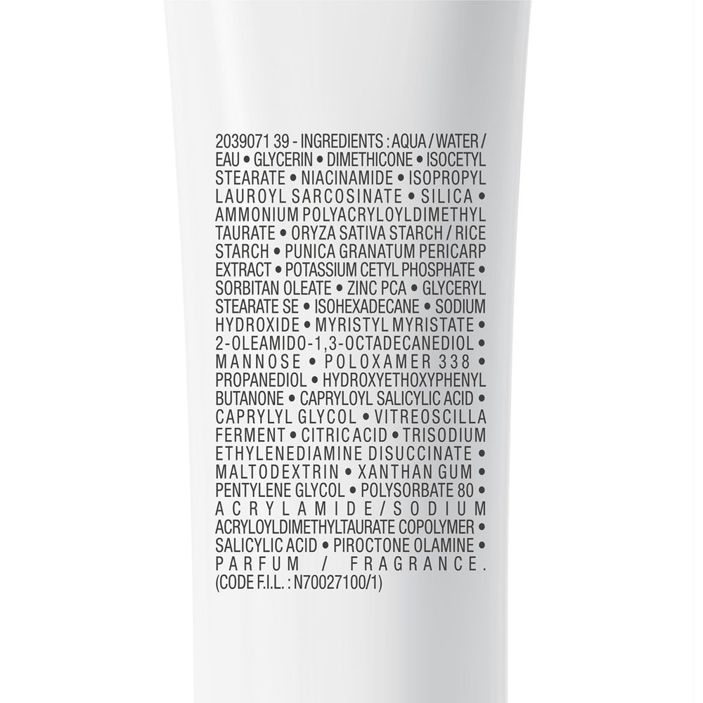 Elenco degli ingredienti sul retro di un tubo La Roche-Posay Effaclar Duo+M. Testo.