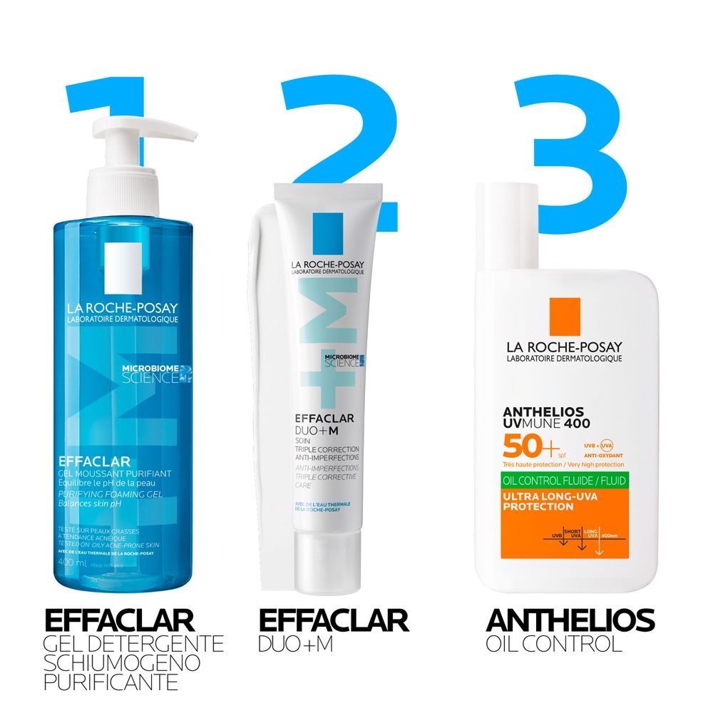 Tre prodotti: Effaclar Gel Detergente Schiumogeno, Effaclar Duo+M, Anthelios Oil Control 50+. Testo.