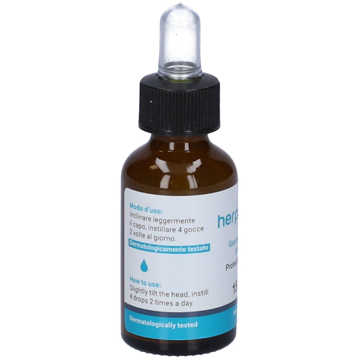 Braune Glasflasche mit schwarzem Verschluss und Pipette. Aufschrift: herpasooto, 15 ml. Türkisfarbener Streifen mit Text. Dermatologisch getestet.