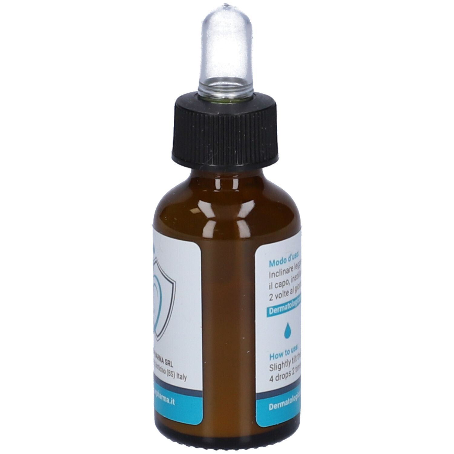 Braune Glasflasche mit schwarzem Verschluss und Pipette. Aufschrift: herpasooto. Türkisfarbener Streifen mit Text. Dermatologisch getestet.
