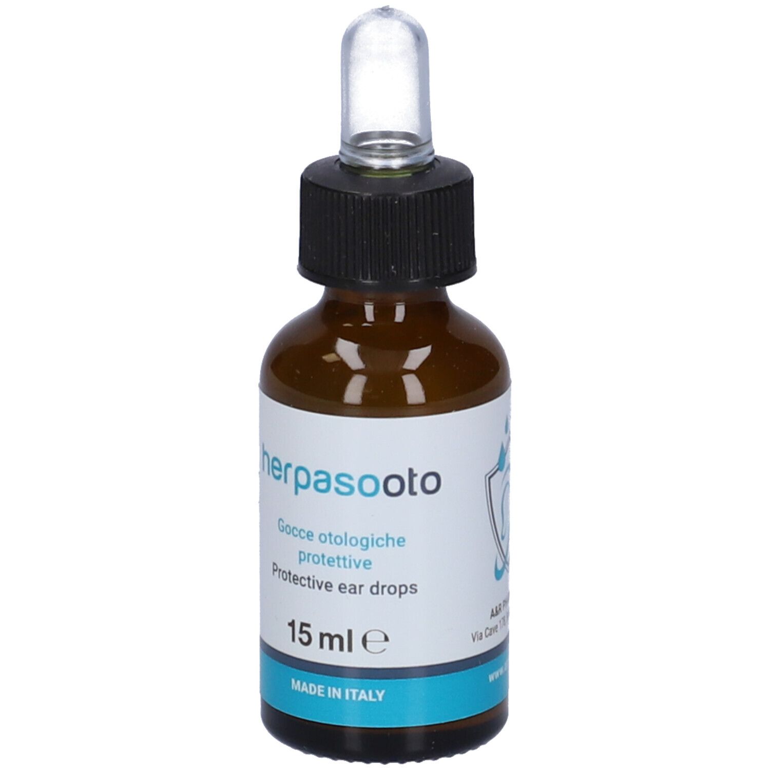 Braune Glasflasche mit schwarzem Verschluss und Pipette. Aufschrift: herpasooto, 15 ml, MADE IN ITALY. Türkisfarbener Streifen.