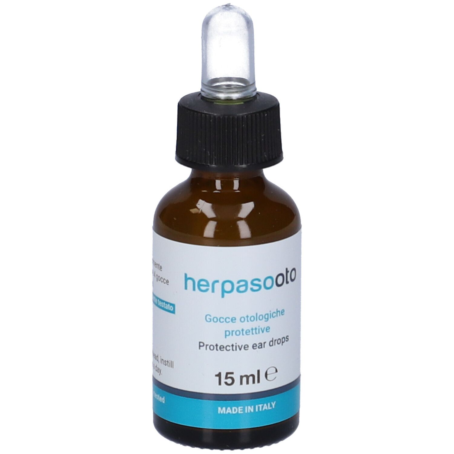 Braune Glasflasche mit schwarzem Verschluss und Pipette. Aufschrift: herpasooto, 15 ml. Türkisfarbener Streifen. Dermatologisch getestet.