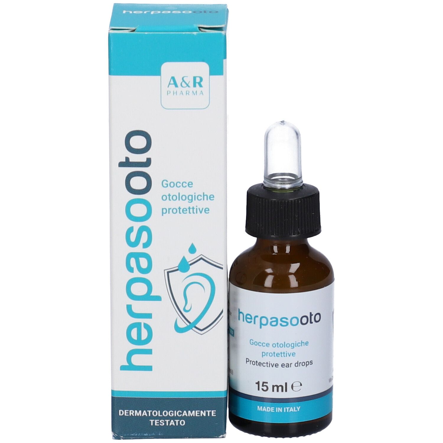 Produkt und Verpackung. Braune Flasche mit Pipette und Schachtel. Aufschrift: herpasooto, 15 ml. Dermatologisch getestet.
