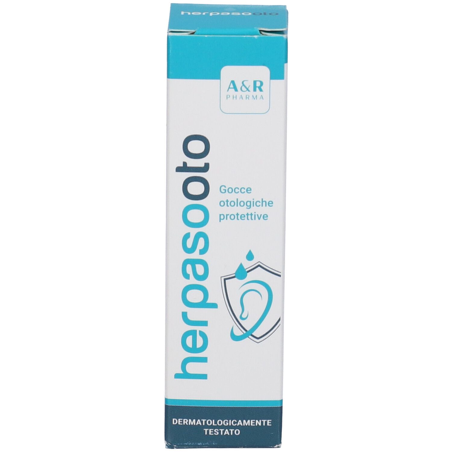 Schachtel mit Aufschrift: herpasooto. Logo mit Ohr. Türkisfarbener Streifen. Dermatologisch getestet.