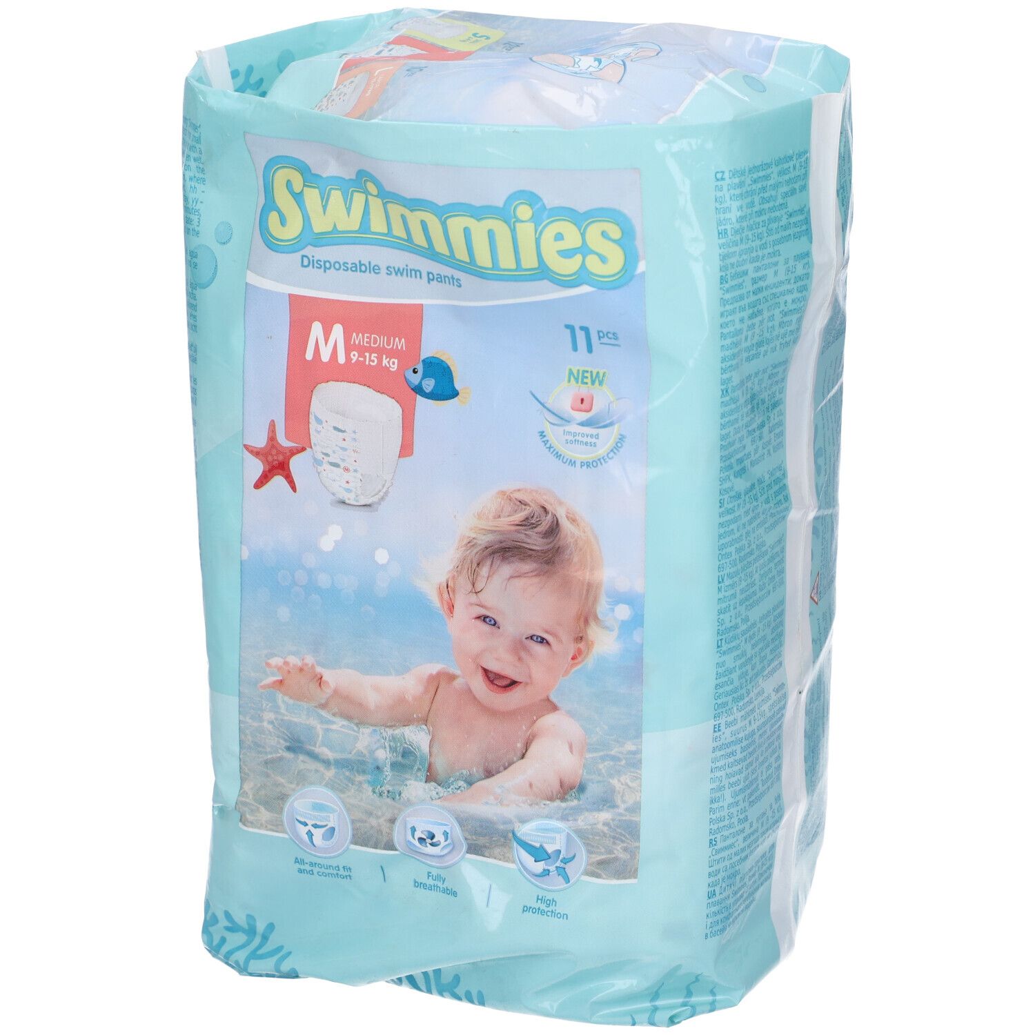 Swimmies Schwimmwindelhosen, Größe M, 11 Stück. Packung mit Baby im Wasser.