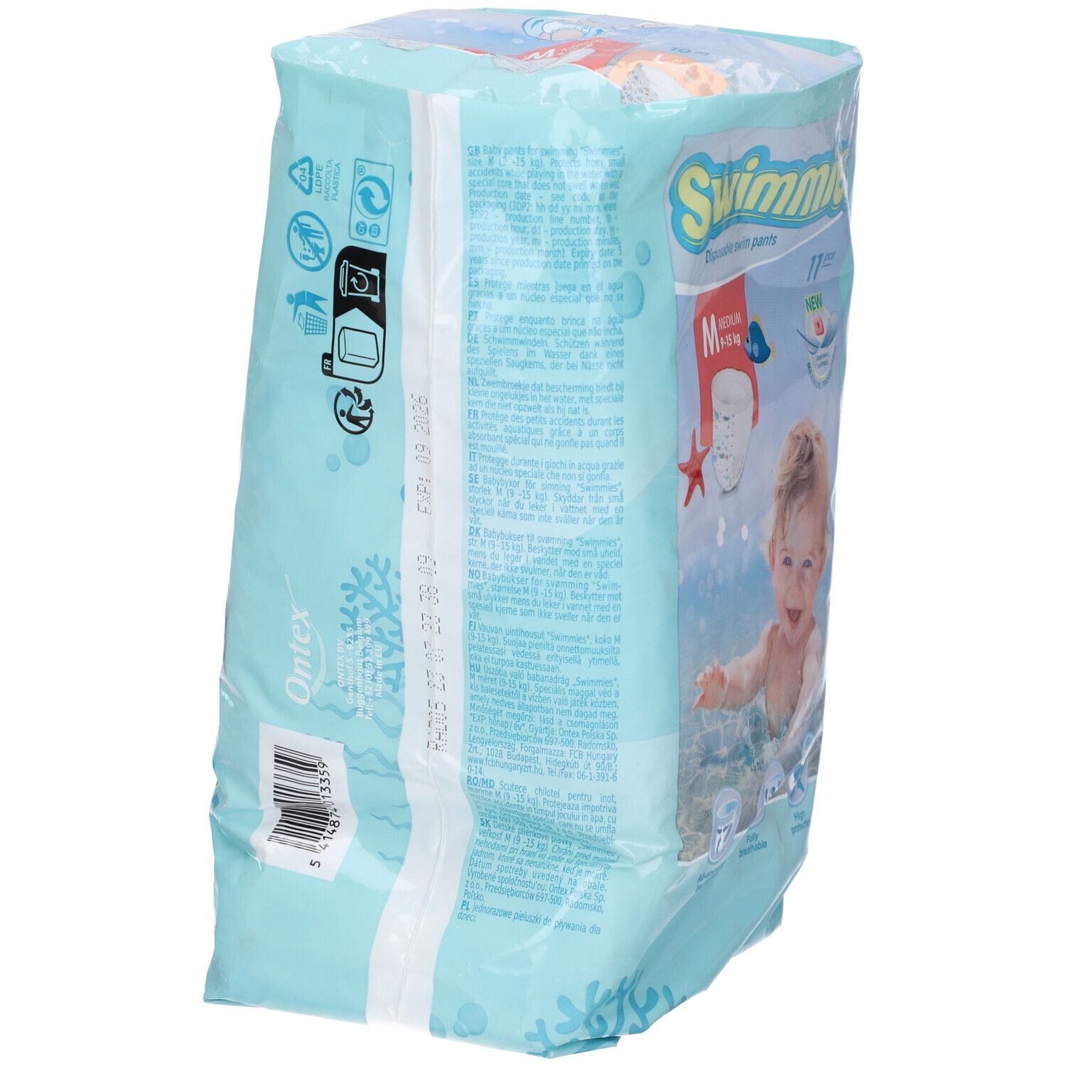 Rückseite der Swimmies Schwimmwindelhosen Packung mit Größenangabe M und 11 Stück.