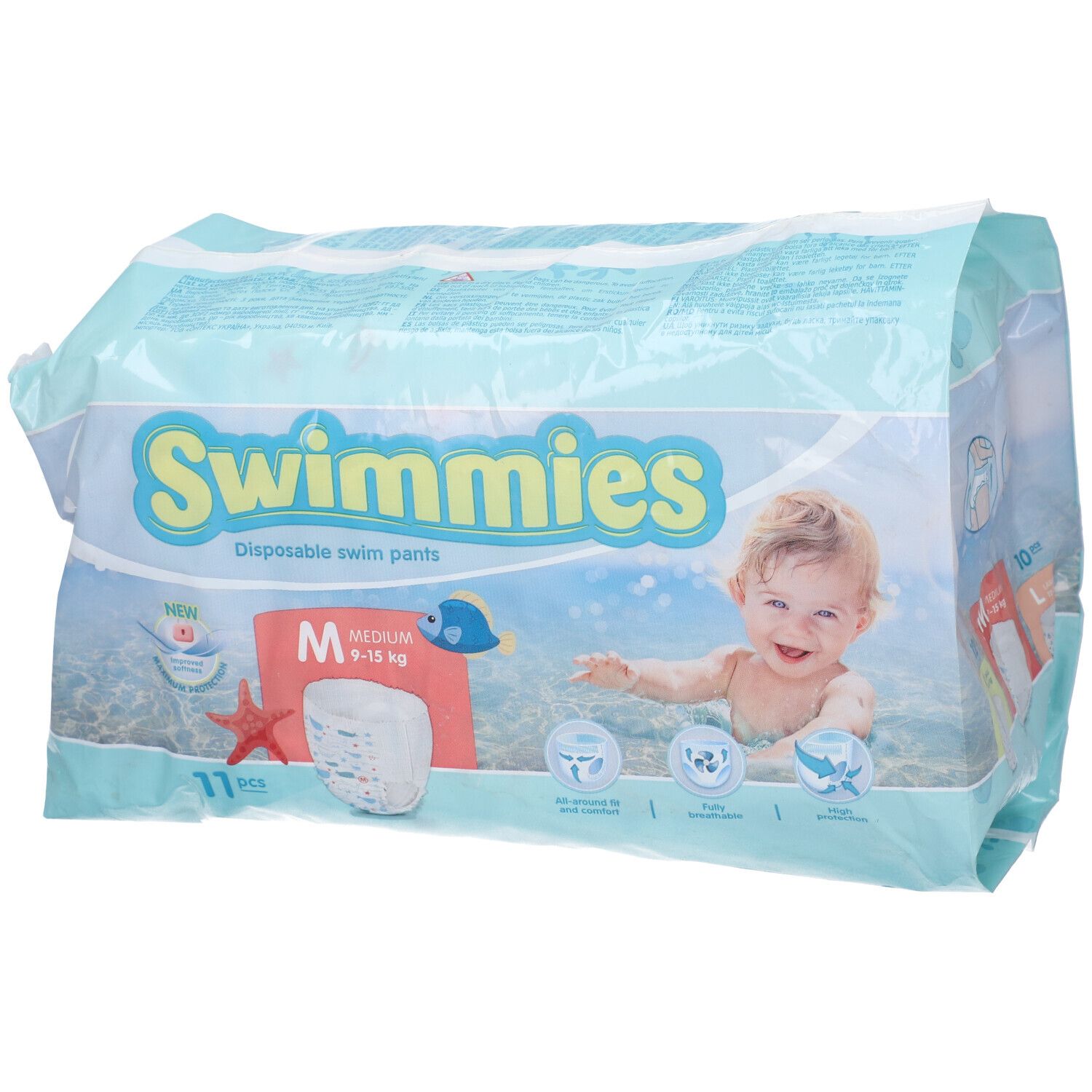 Swimmies Schwimmwindelhosen, Größe M, 11 Stück. Packung mit Baby im Wasser.