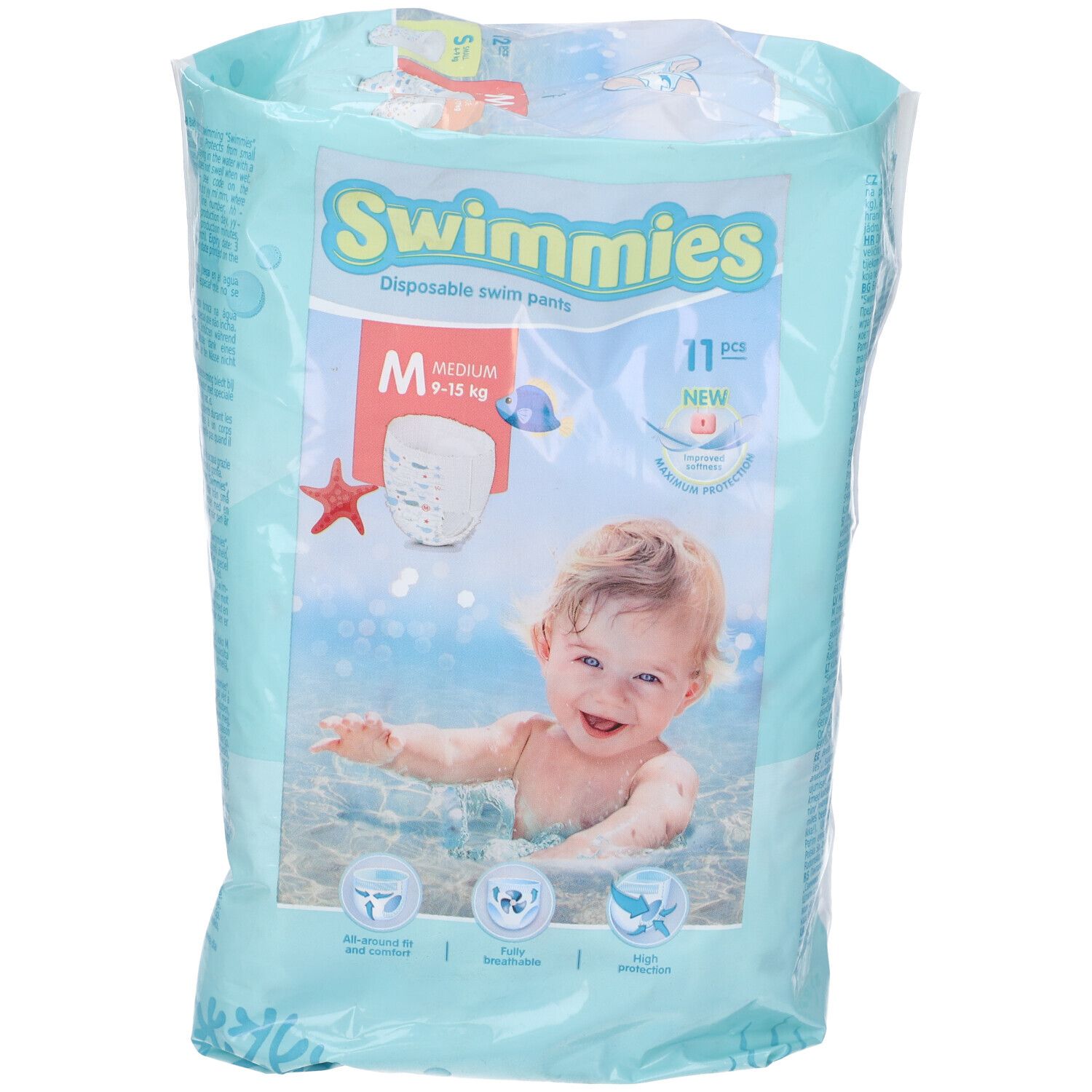 Swimmies Schwimmwindelhosen, Größe M, 11 Stück. Packung mit Baby im Wasser.