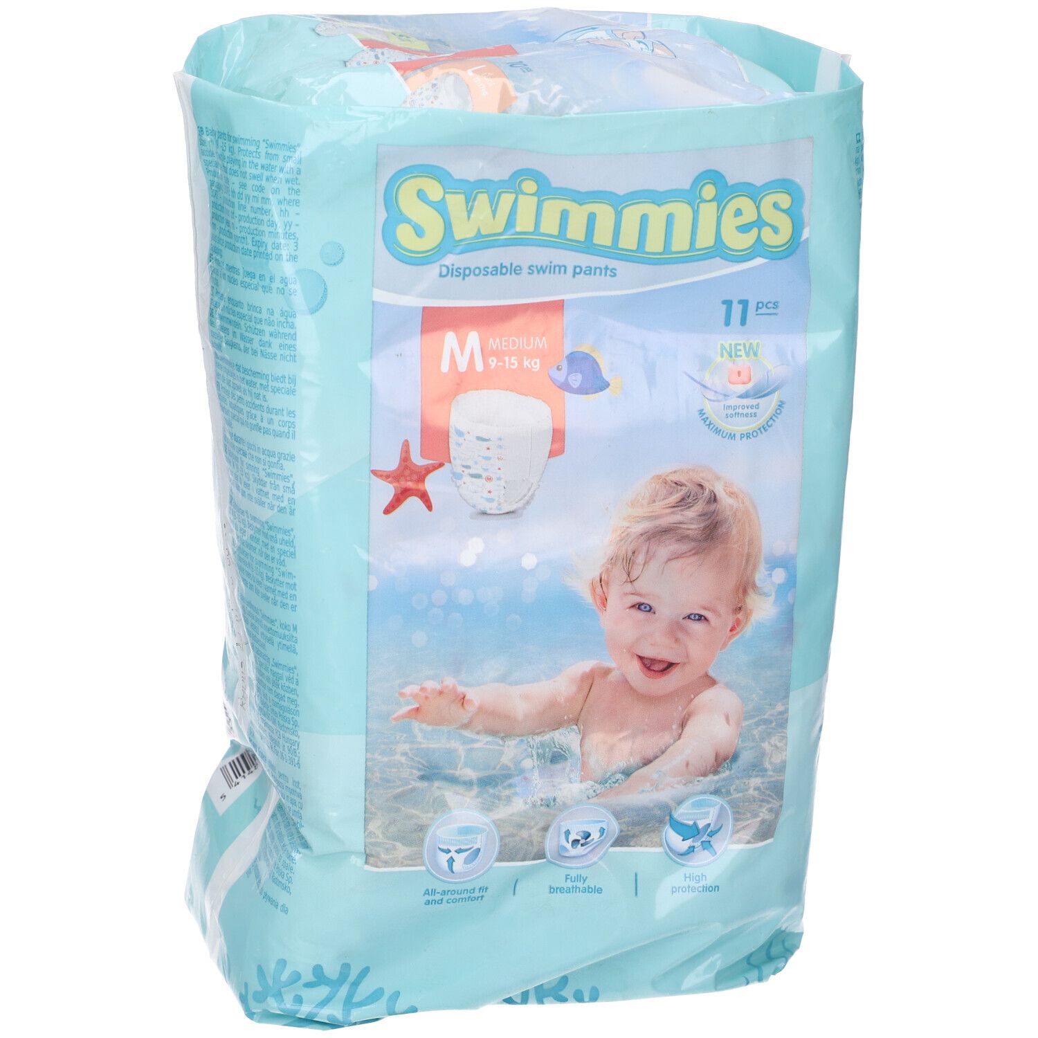 Swimmies Schwimmwindelhosen, Größe M, 11 Stück. Packung mit Baby im Wasser.