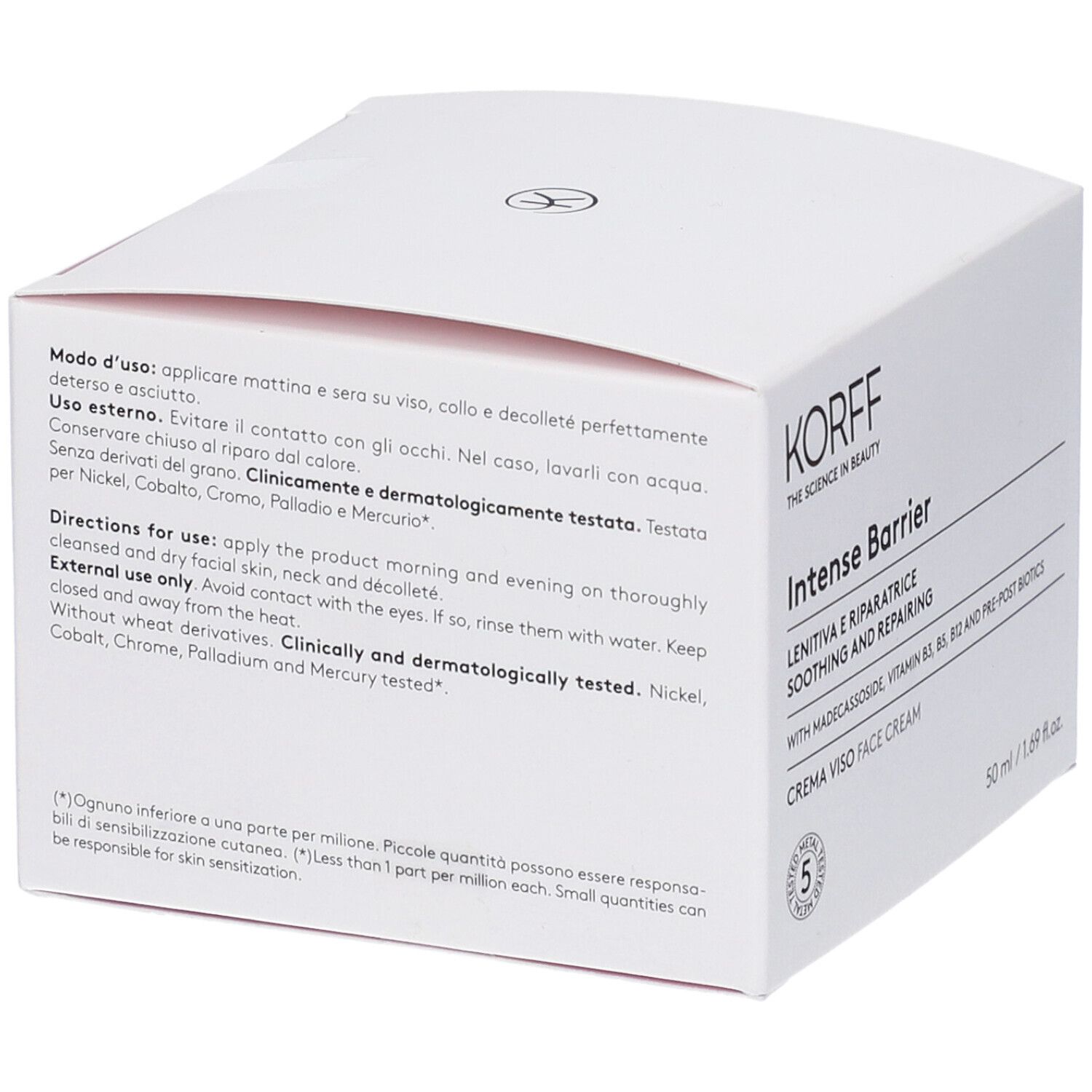 Confezione bianca con testo in italiano. Contiene istruzioni e ingredienti. Clinicamente e dermatologicamente testato.