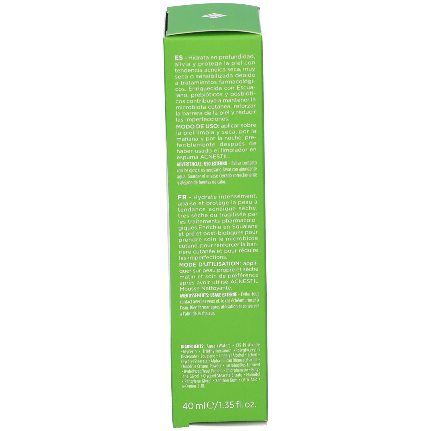 Grüne Schachtel. Text in Spanisch und Französisch. Enthält Inhaltsstoffe und Anwendungshinweise. 40 ml.