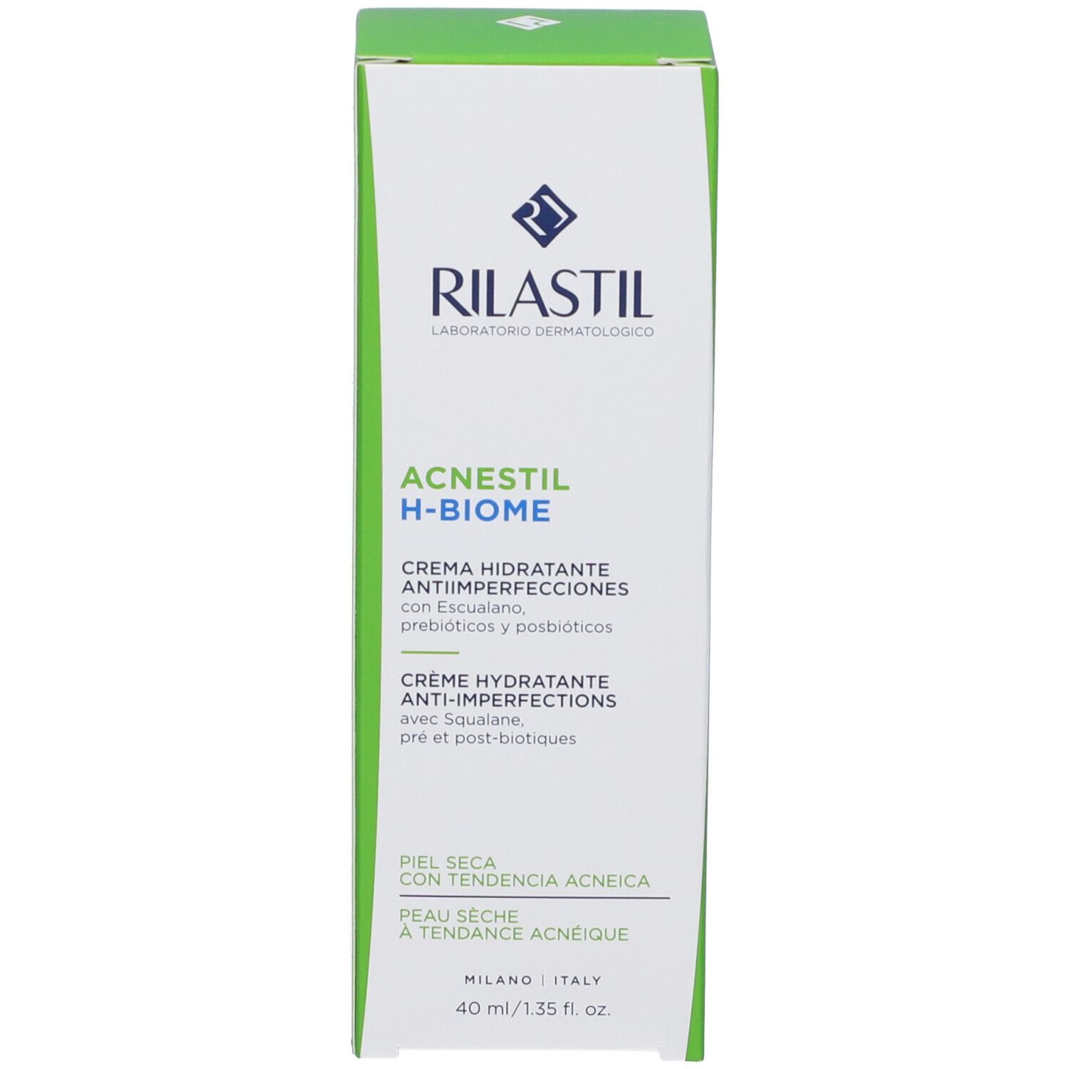 Schachtel mit Aufschrift: RILASTIL, Acnestil H-Biome, Creme Idratante Anti-Imperfezioni. Für trockene, zu Akne neigende Haut.