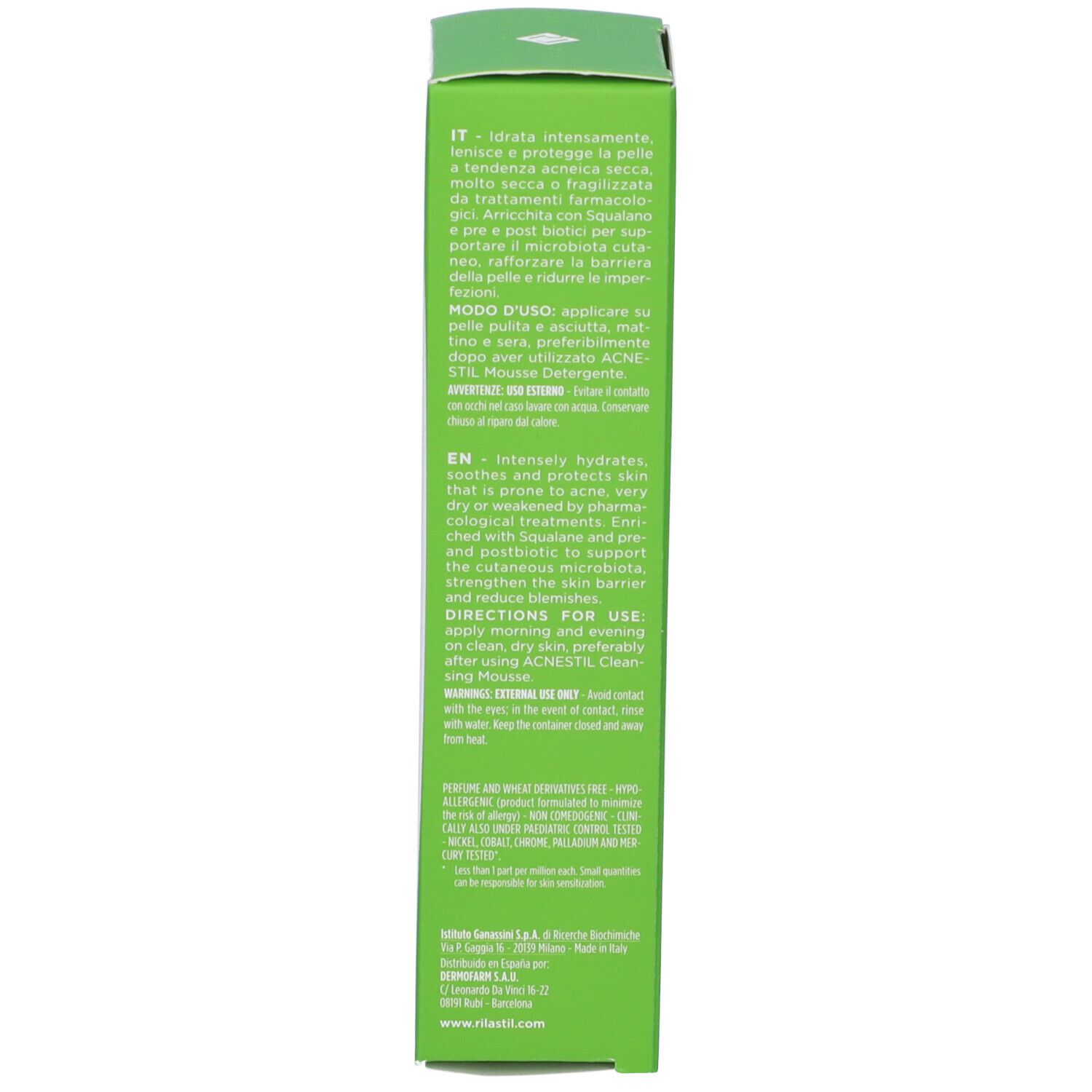 Grüne Schachtel. Text in Italienisch und Englisch. Enthält Anwendungshinweise und Inhaltsstoffe. 40 ml.