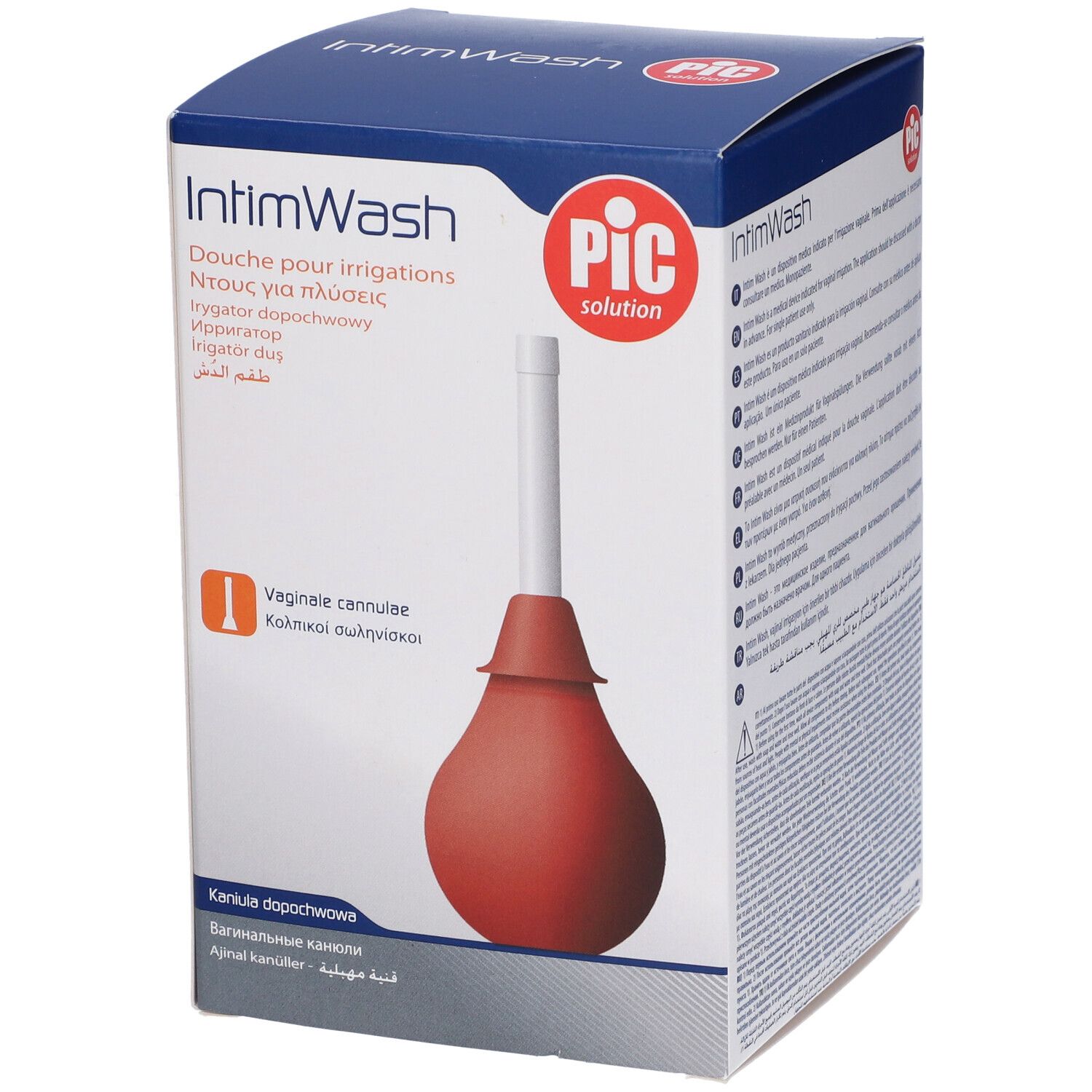 Confezione IntimWash con logo Pic. Siringa rossa con cannula per irrigazione vaginale.