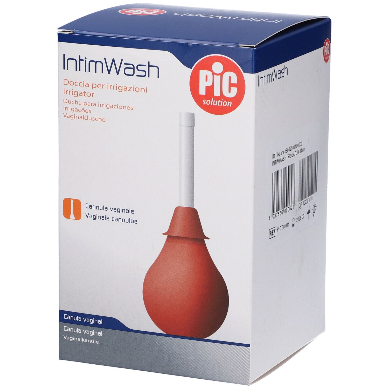 Confezione IntimWash con logo Pic. Siringa e cannula per irrigazione vaginale. Testo: Doccia per irrigazioni.