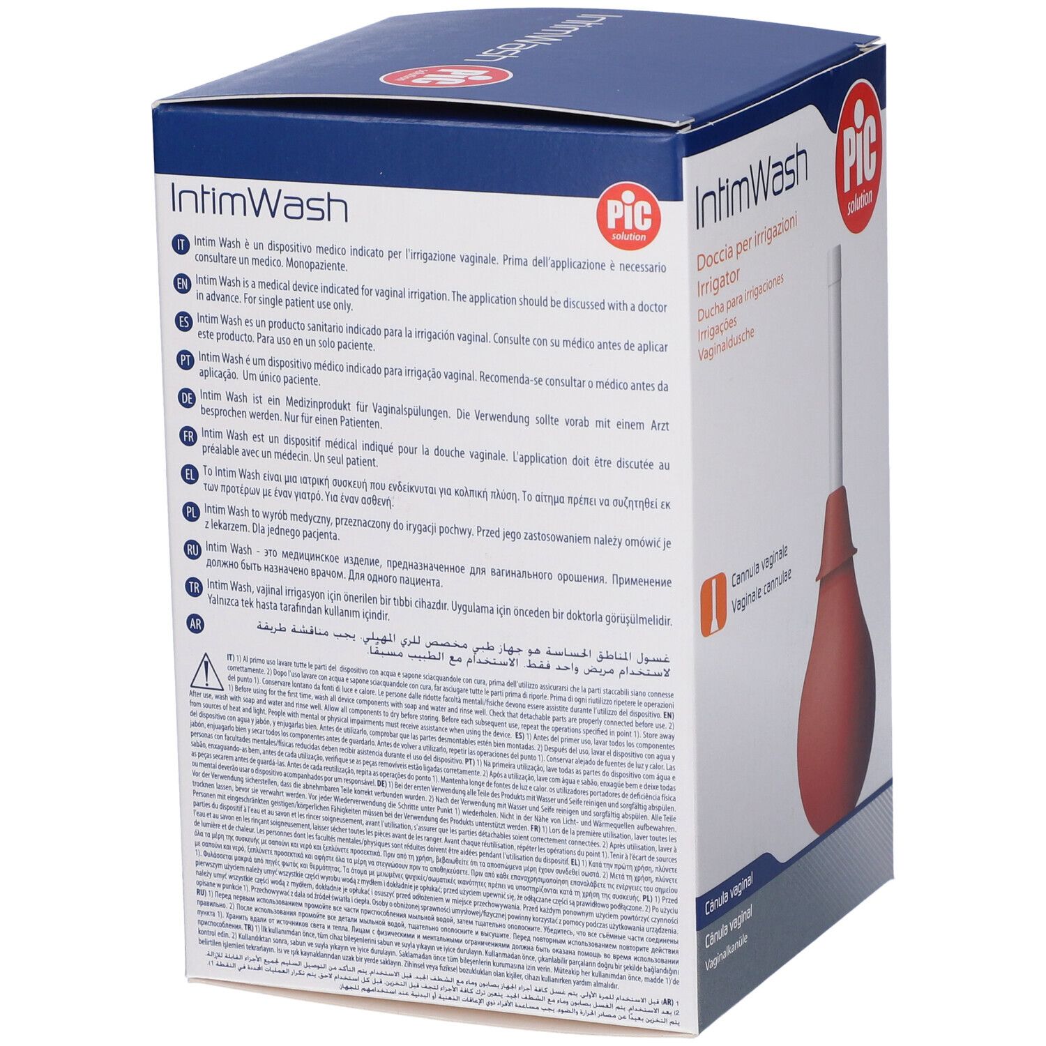 Confezione IntimWash con logo Pic. Testo multilingue. Immagine dell'irrigatore.