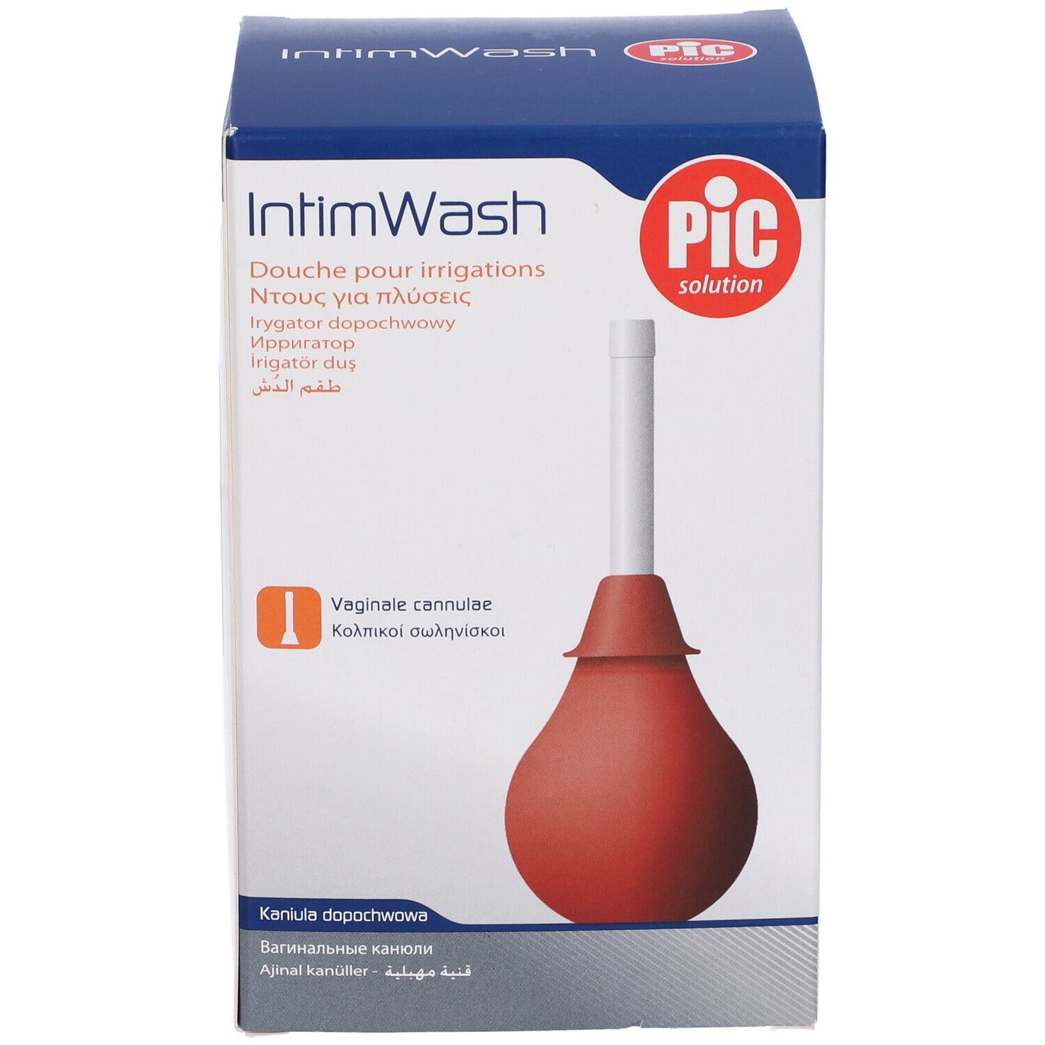 Confezione IntimWash con logo Pic. Siringa e cannula per irrigazione vaginale. Testo: Douche pour irrigations.