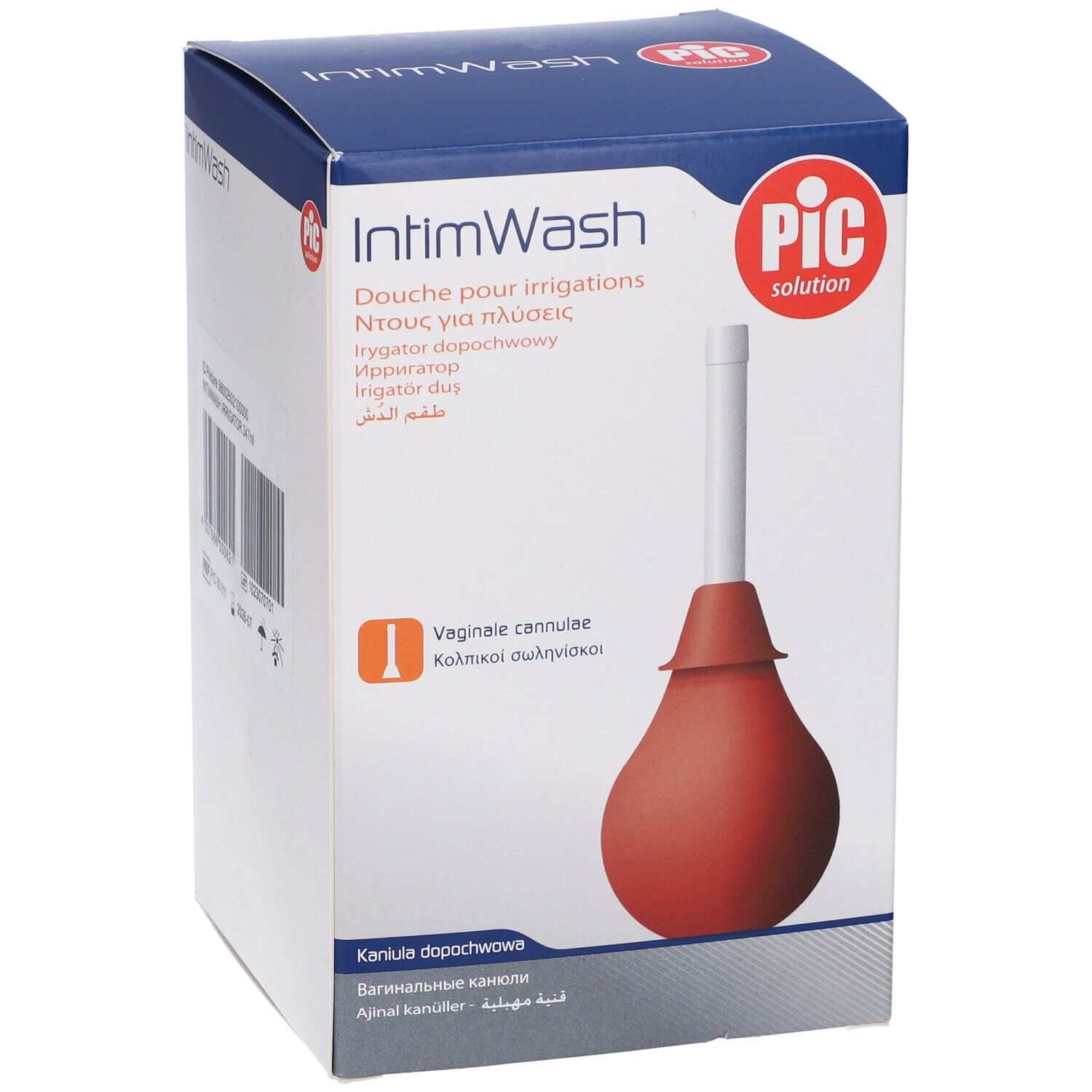 Confezione IntimWash con logo Pic. Siringa e cannula per irrigazione vaginale. Testo: Douche pour irrigations.