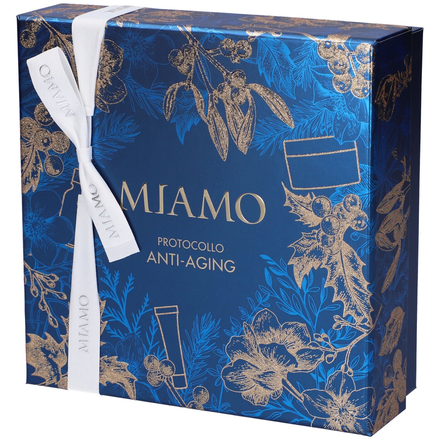 Confezione regalo blu e oro con nastro bianco. Scritta: Miamo, Protocollo Anti-Aging. Immagine di crema e tubo.
