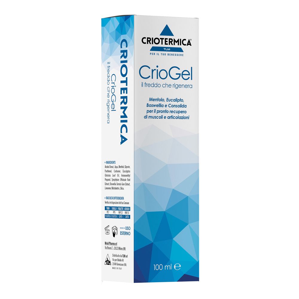 Scatola Criotermica CrioGel. Scritta: 'Il freddo che rigenera'. Motivi geometrici blu. Ingredienti e informazioni sul prodotto.