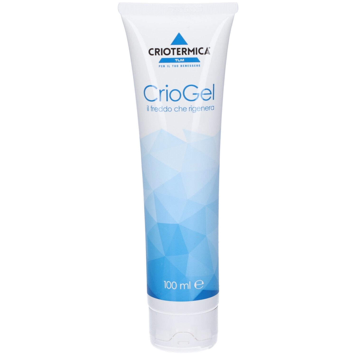 Tubo bianco Criotermica CrioGel. Scritta: 'Il freddo che rigenera'. Motivi geometrici blu. Tappo bianco.