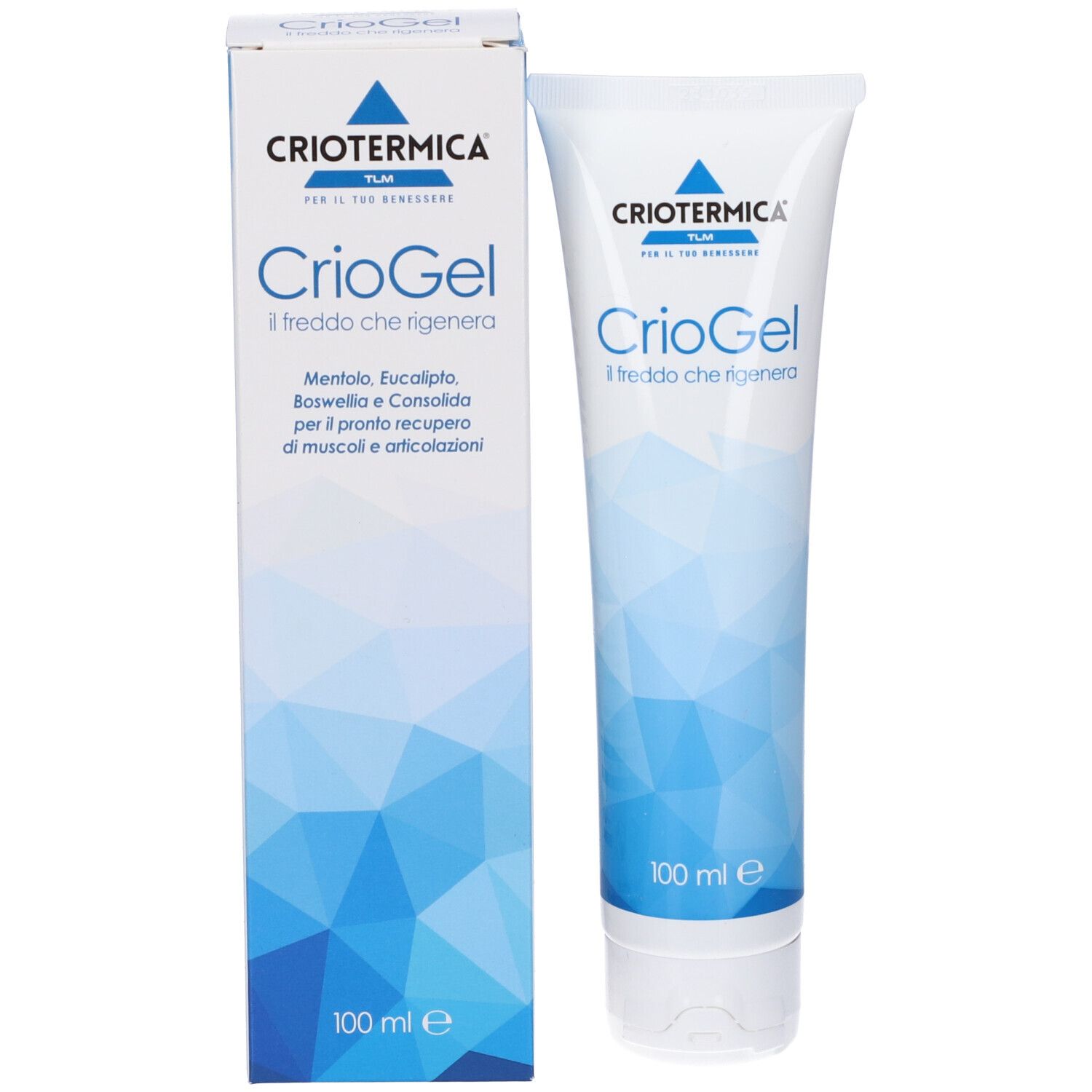 Confezione del prodotto. Tubo e scatola bianchi. Marchio: Criotermica. Nome prodotto: CrioGel. Testo: 'Il freddo che rigenera'.