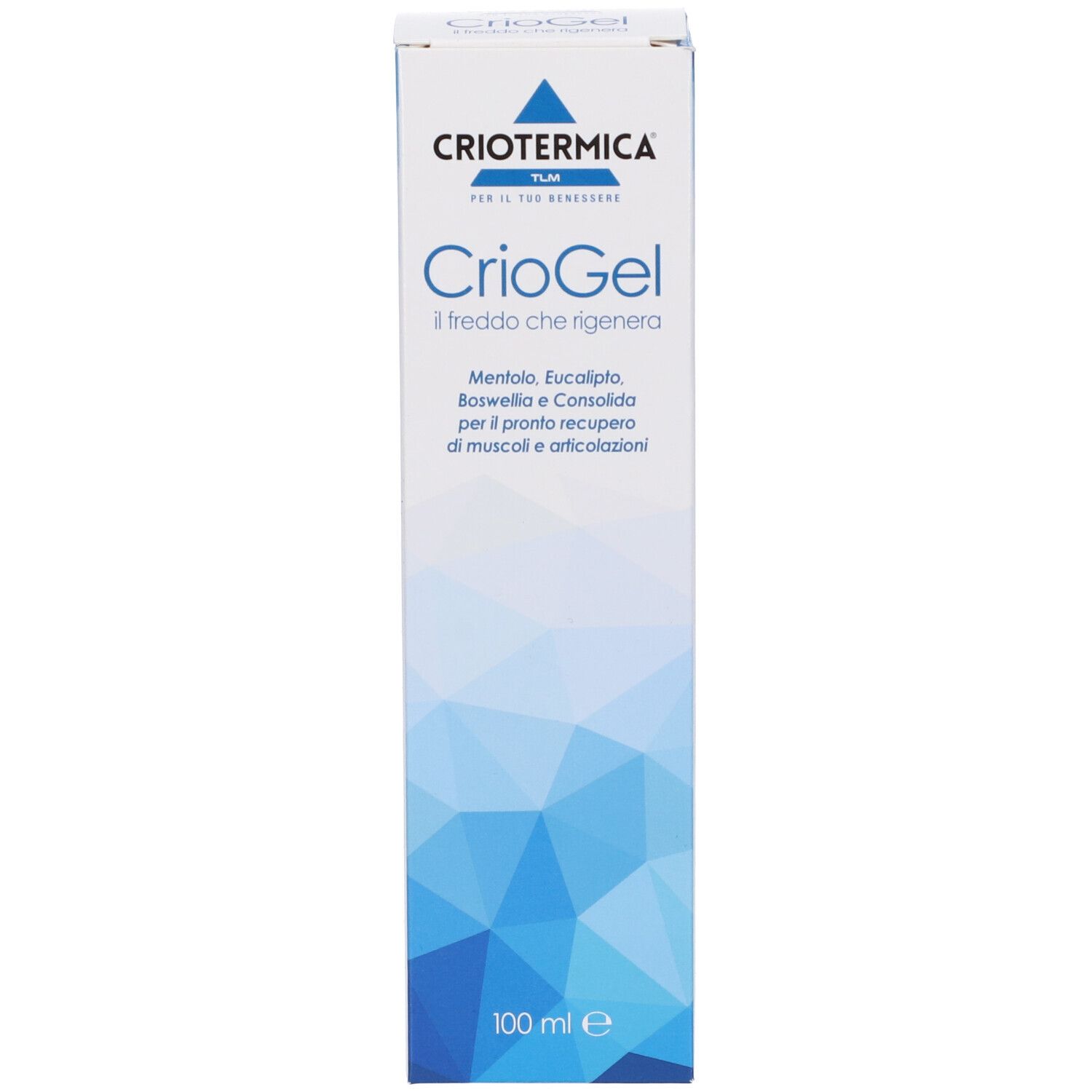 Scatola Criotermica CrioGel. Scritta: 'Il freddo che rigenera'. Motivi geometrici blu. Informazioni sul prodotto.